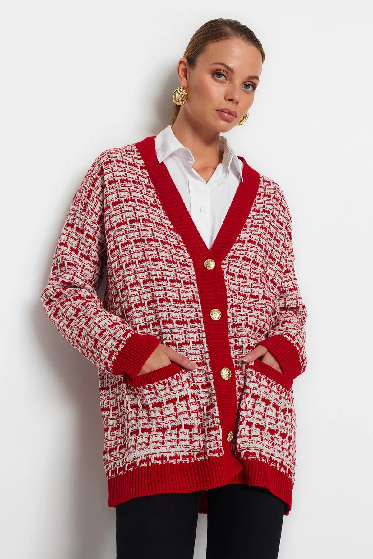 Trendyol Collection  Roter, weit geschnittener Strickcardigan in Tweed-Optik mit Glitzer TWOAW21HI0250