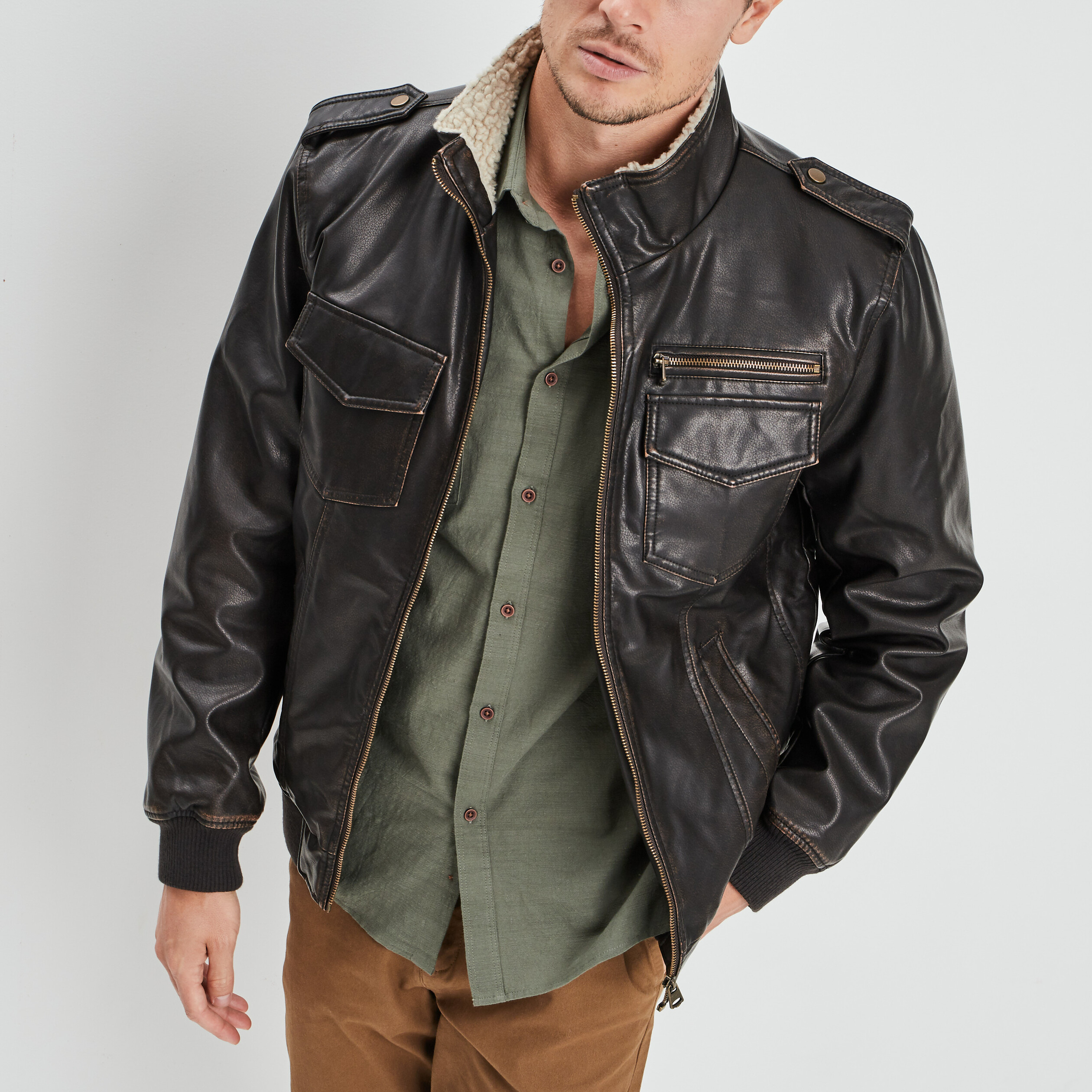 Blouson droit simili cuir marron homme | La Halle