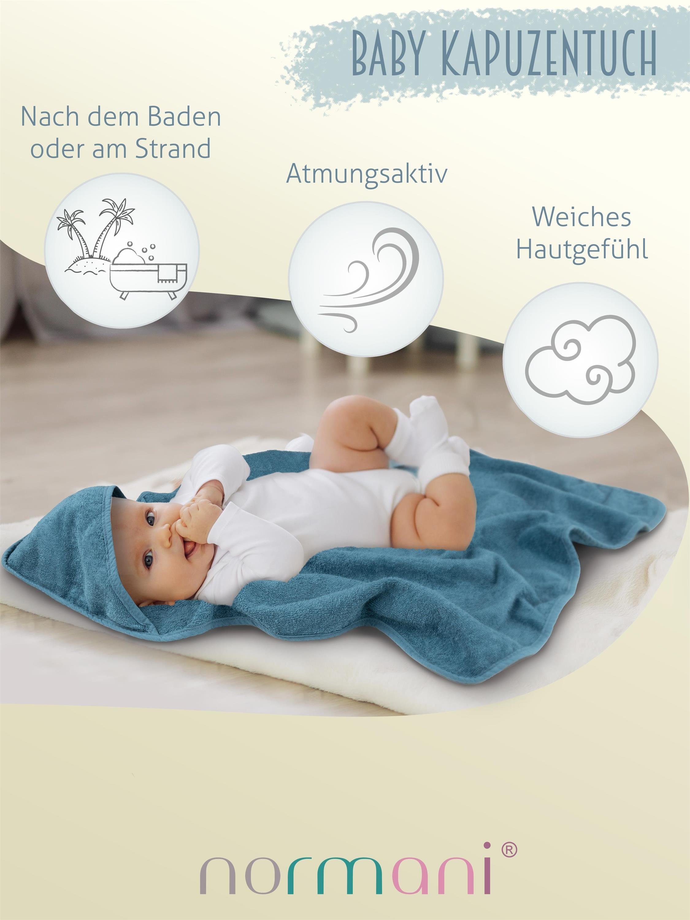 normani Kapuzenhandtuch 2x Baby Wickeltücher aus Bio-Baumwolle, Frottee, Kapuzentuch Badetuch