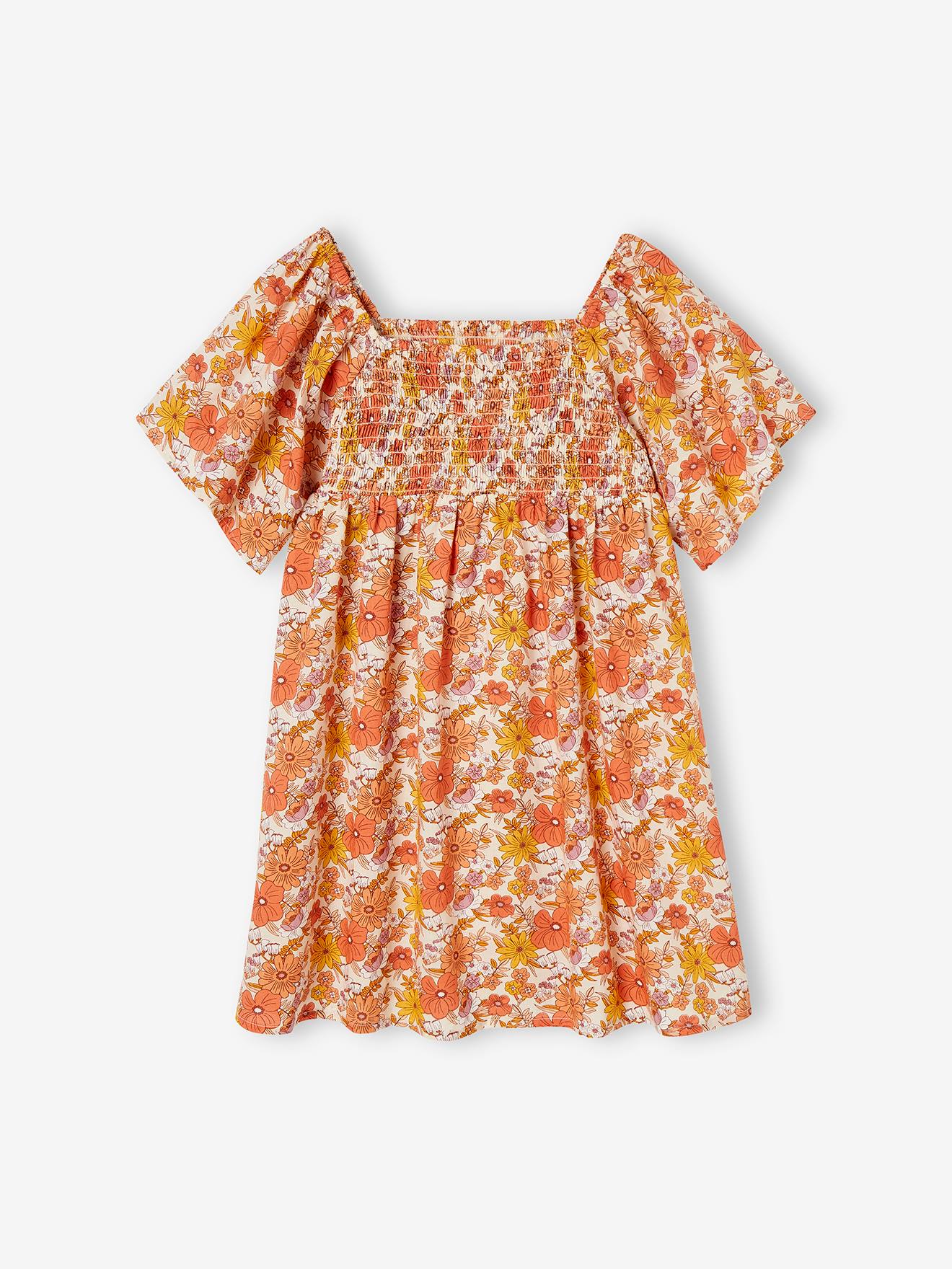 Robe à smocks imprimée fleurs fille rose nude