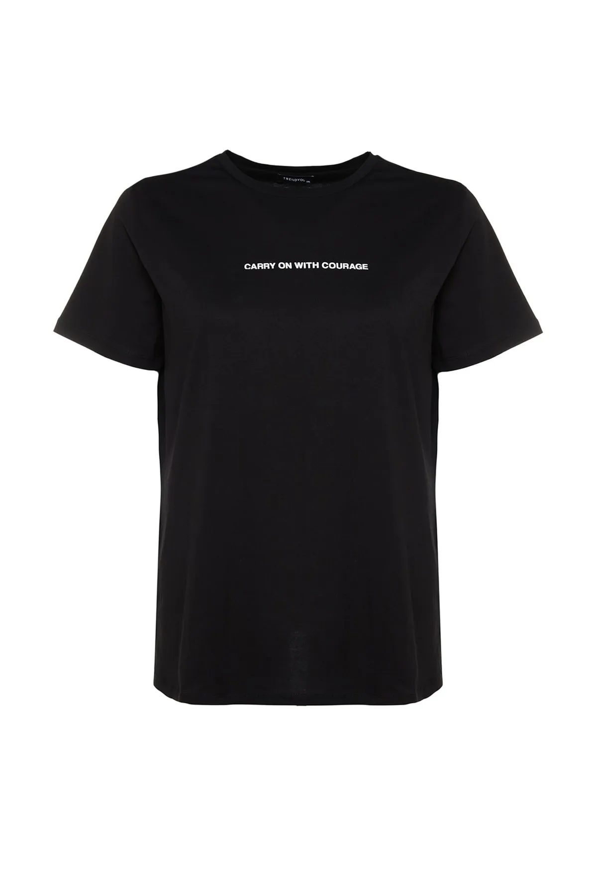 Trendyol Curve  Schwarzes, bedrucktes, kurzes Strick-T-Shirt mit Rundhalsausschnitt TBSSS23BF00022