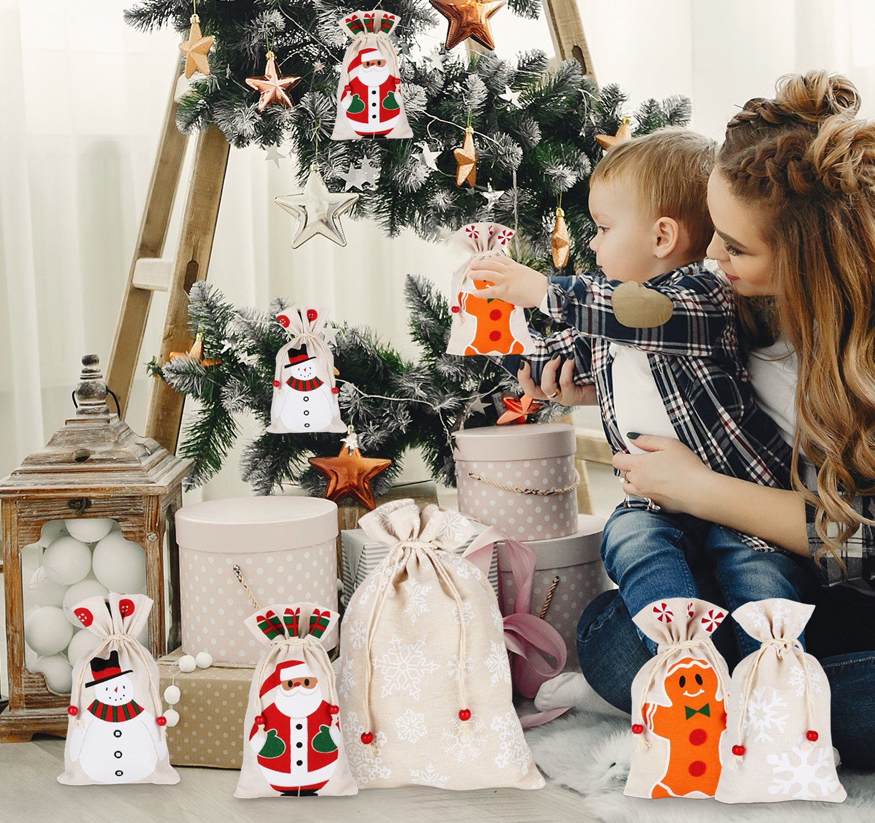 Homewit Christbaumschmuck Geschenksäckchen zu Weihnachten mit Zugband (5-tlg), Ideal zum Verpacken von Geschenken