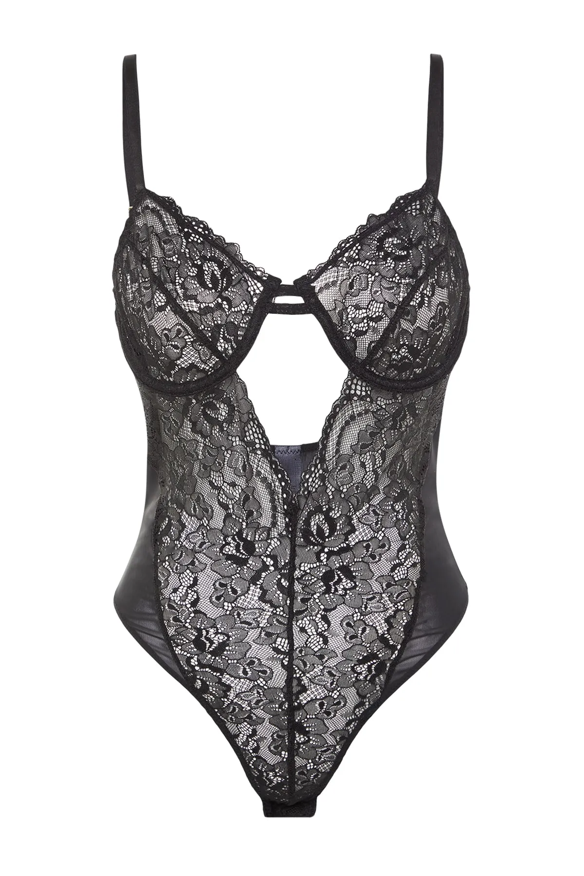 Trendyol Collection  Schwarzer Strickbody mit gerüschtem Fenster/Ausschnitt, Seilriemen und Druckknopf THMAW23BD00011