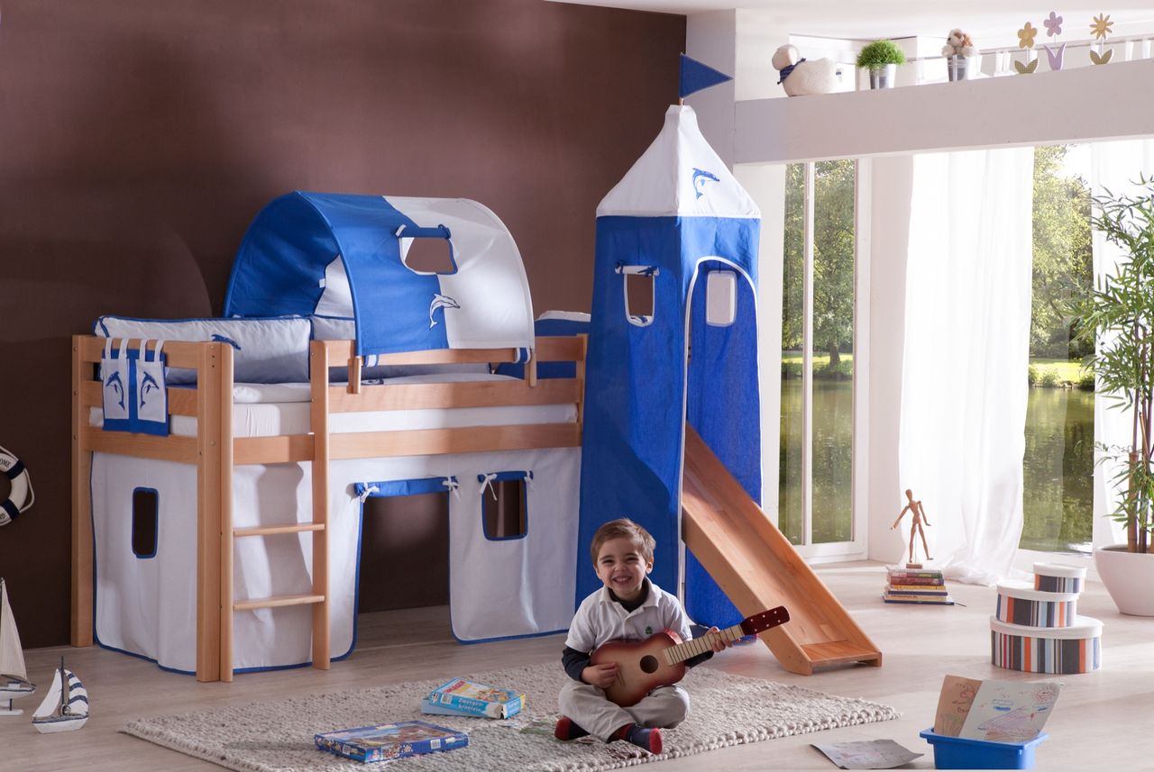 Relita Halbhohes Spielbett ALEX mit Rutsche/Turm/Tunnel Buche massiv natur lackiert mit Stoffset weiß/delfin