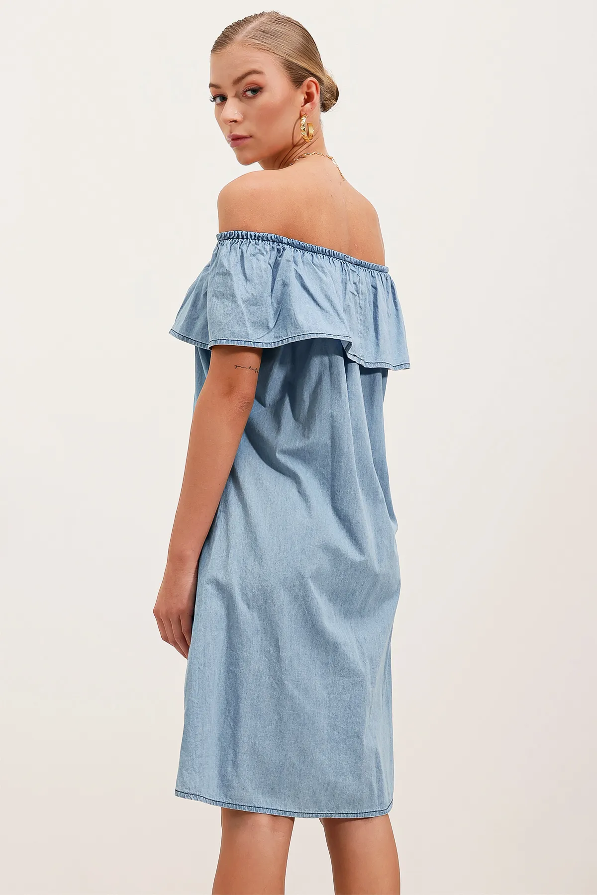 Bigdart  1481 Schulterfreies Jeanskleid – Hellblau
