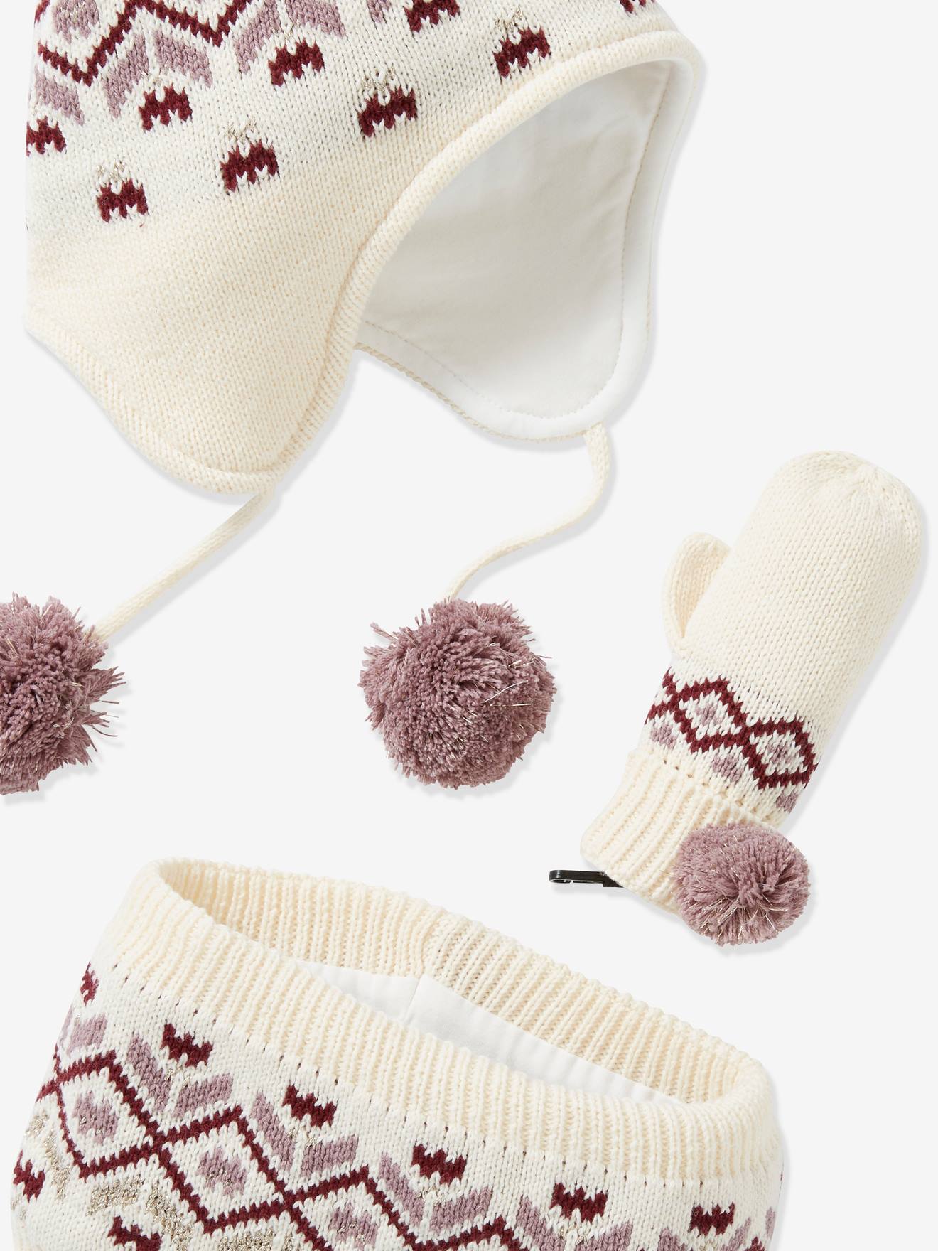Ensemble fille bonnet + snood + gants jacquard écru
