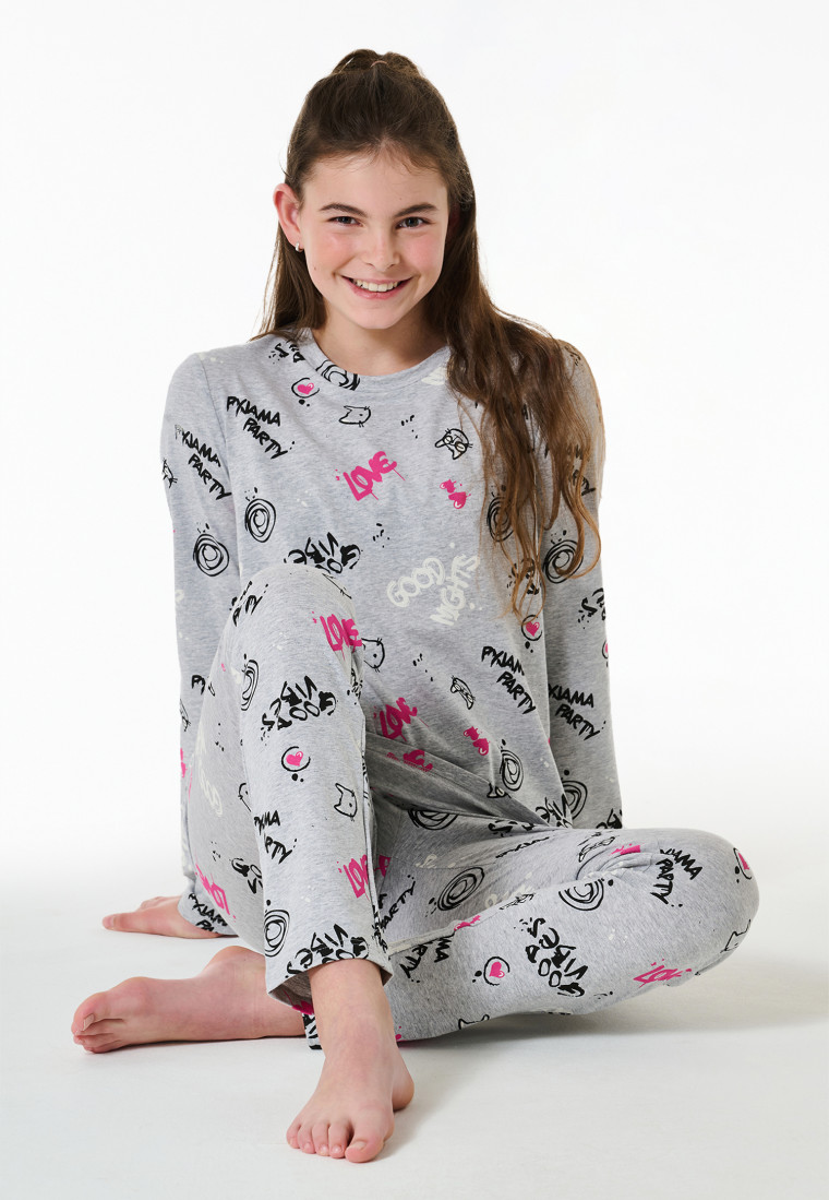Schlafanzug lang Graffiti grau-meliert - Nightwear