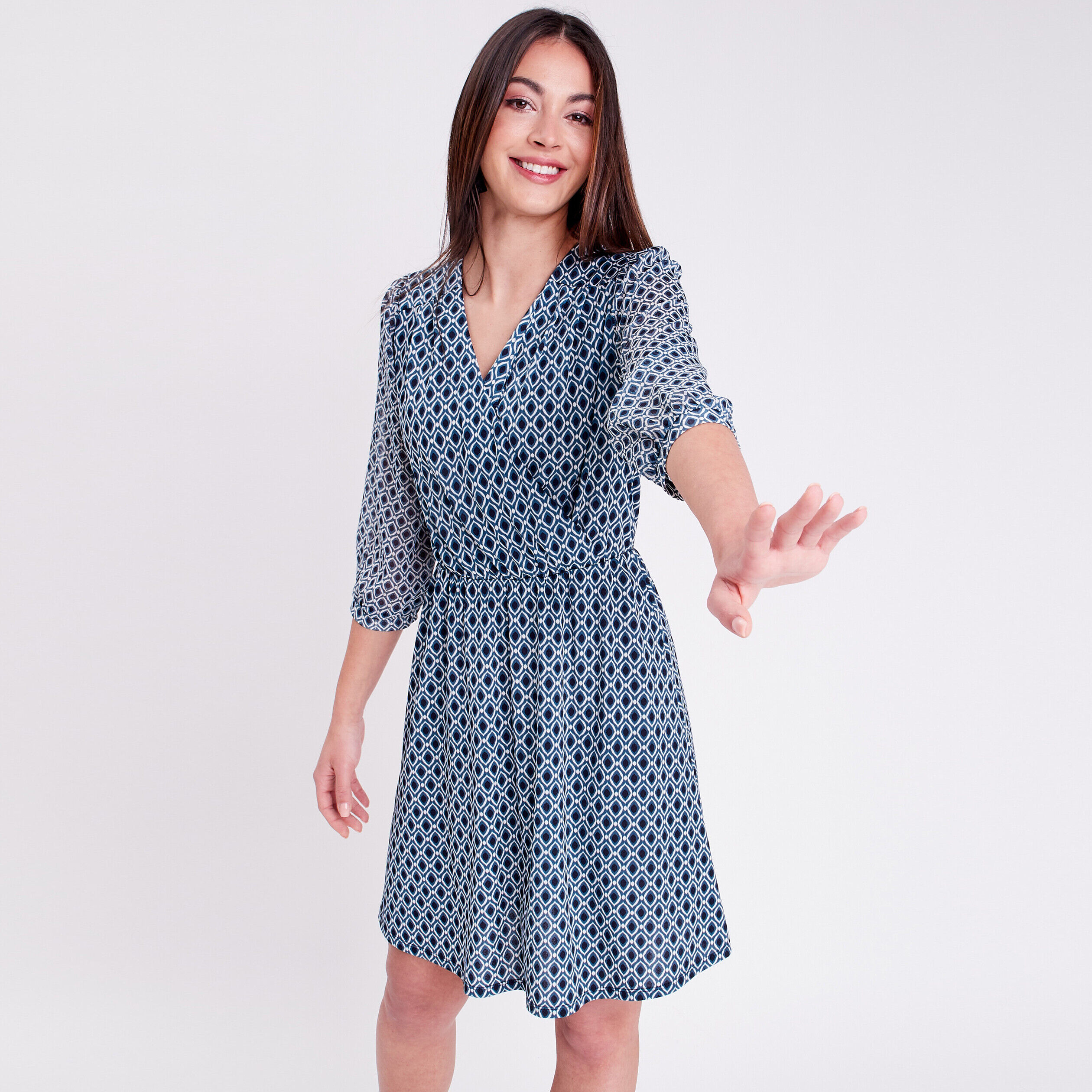 Robe évasée manches 3/4 bleu femme | Cache Cache