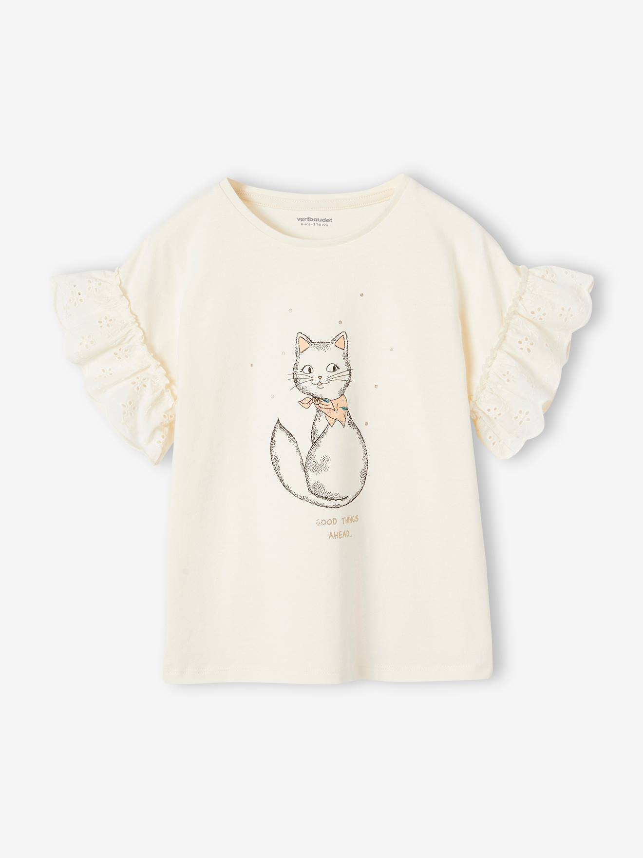 Vertbaudet Mädchen T-Shirt mit Volantärmeln, Bio-Baumwolle - wollweiß katze