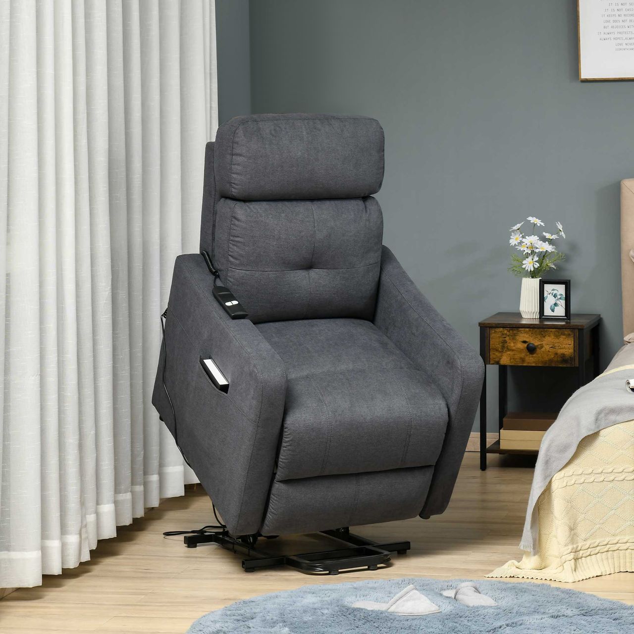 HOMCOM Elektrischer Relaxsessel Fernsehsessel Sessel mit Aufstehhilfe Relaxsessel mit liegefunktion mit Fernbedienung Polyesterstoff Stahl Grau 71 x 94 x104 cm