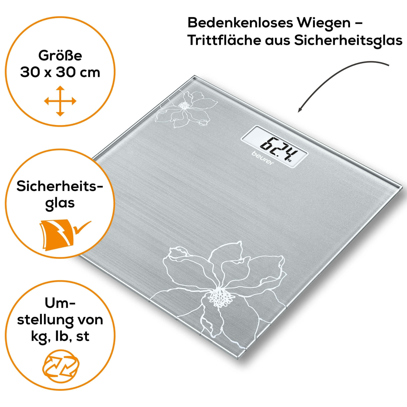 Beurer Glaswaage GS 10-Personenwaage aus Glas gut lesbarer LCD-Anzeige - bis 180 kg