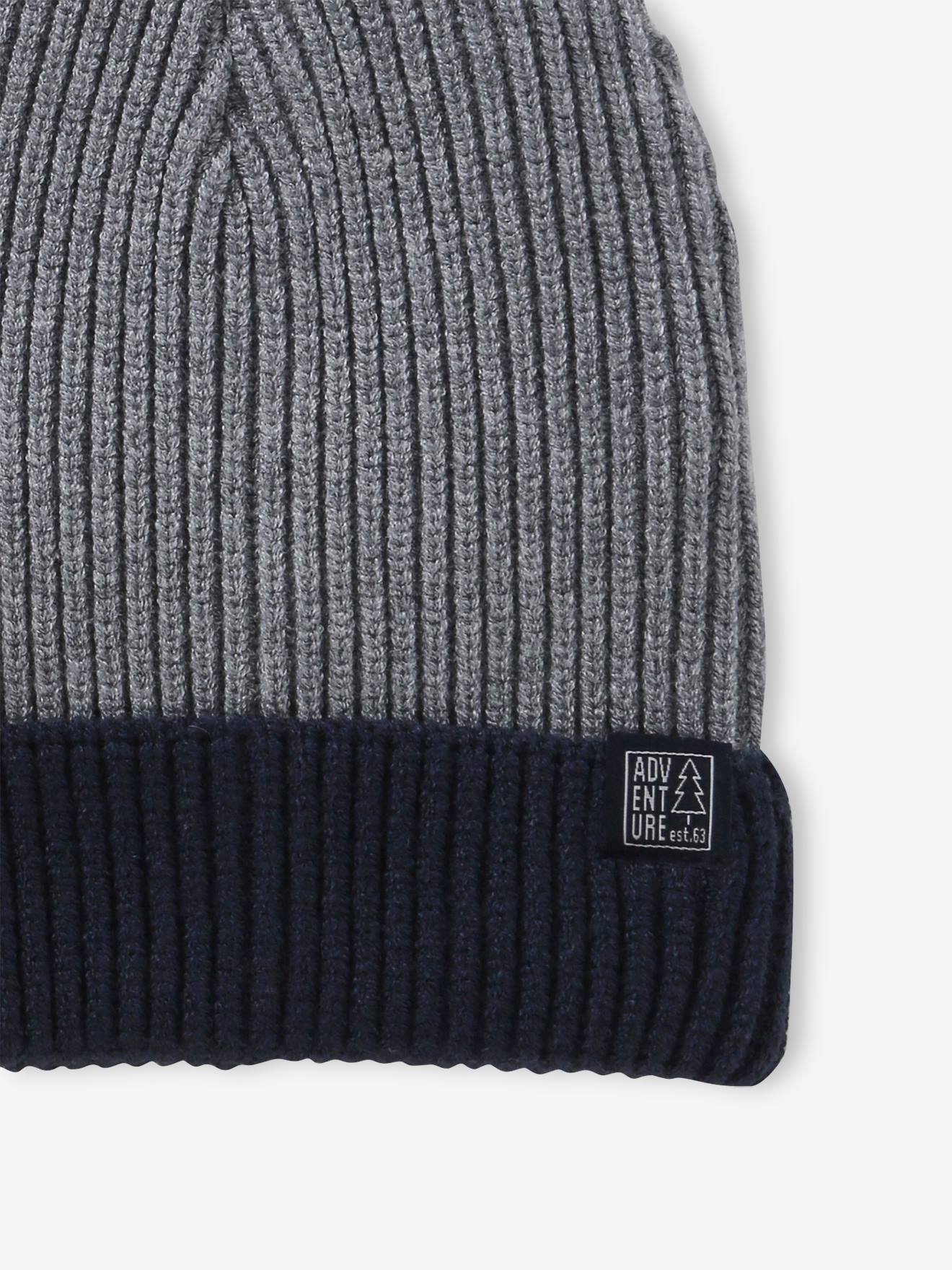 Bonnet bicolore garçon en maille côtelée BASICS bleu nuit