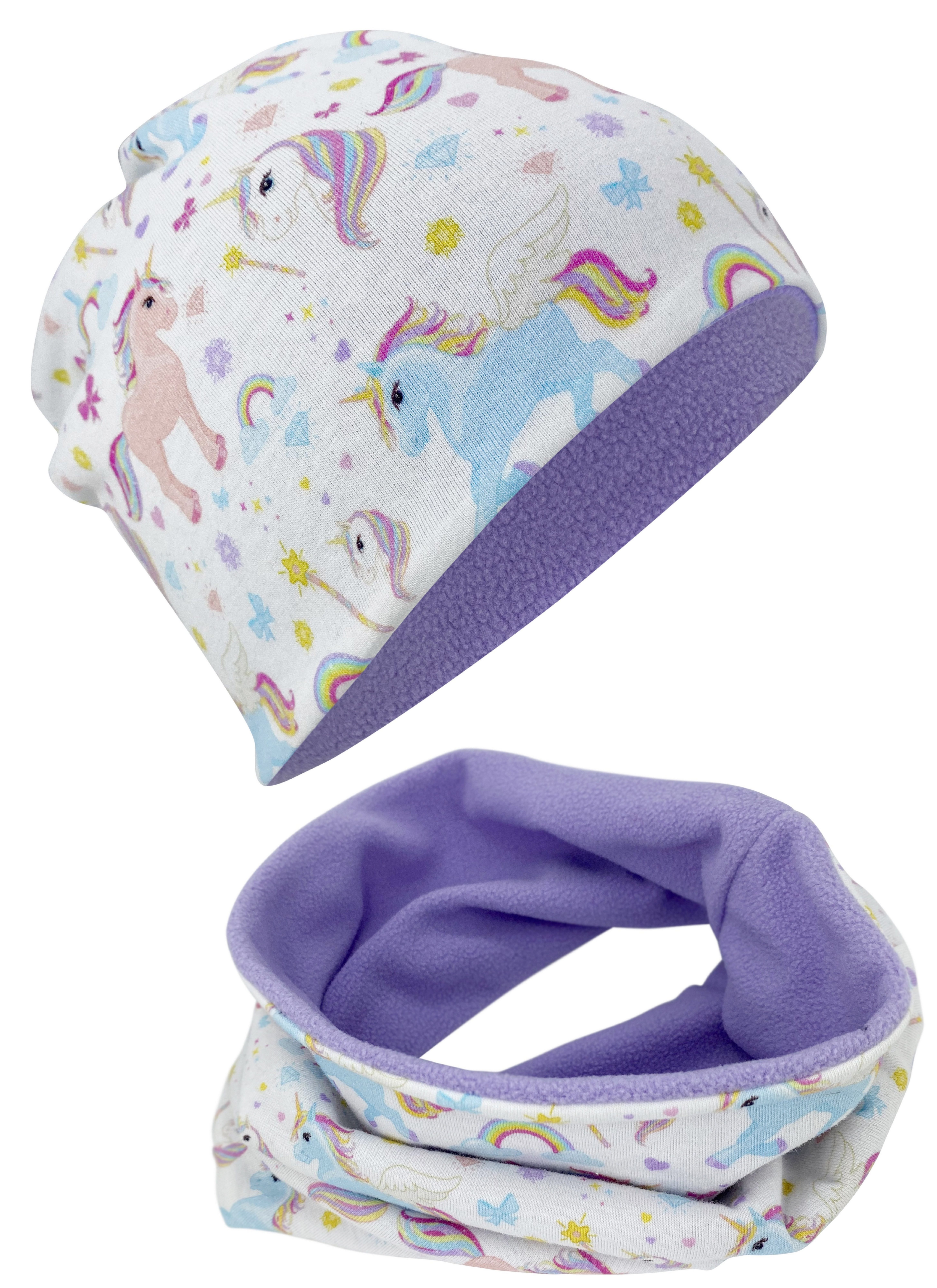 HECKBO Beanie Kinder Jungen Beanie Mütze & Loop-Schal Set - Wendemütze Einhorn Unicorn - 2-8 Jahren - 95% Baumwolle - weiches & pflegeleichtes Stretch-Material