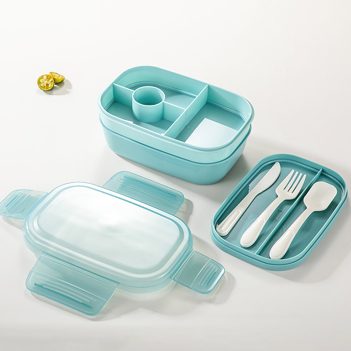 Welikera Aufbewahrungssystem Lunchbox, Brotdose Kinder mit 3 Fächern, inkl. Besteck, 1900ML