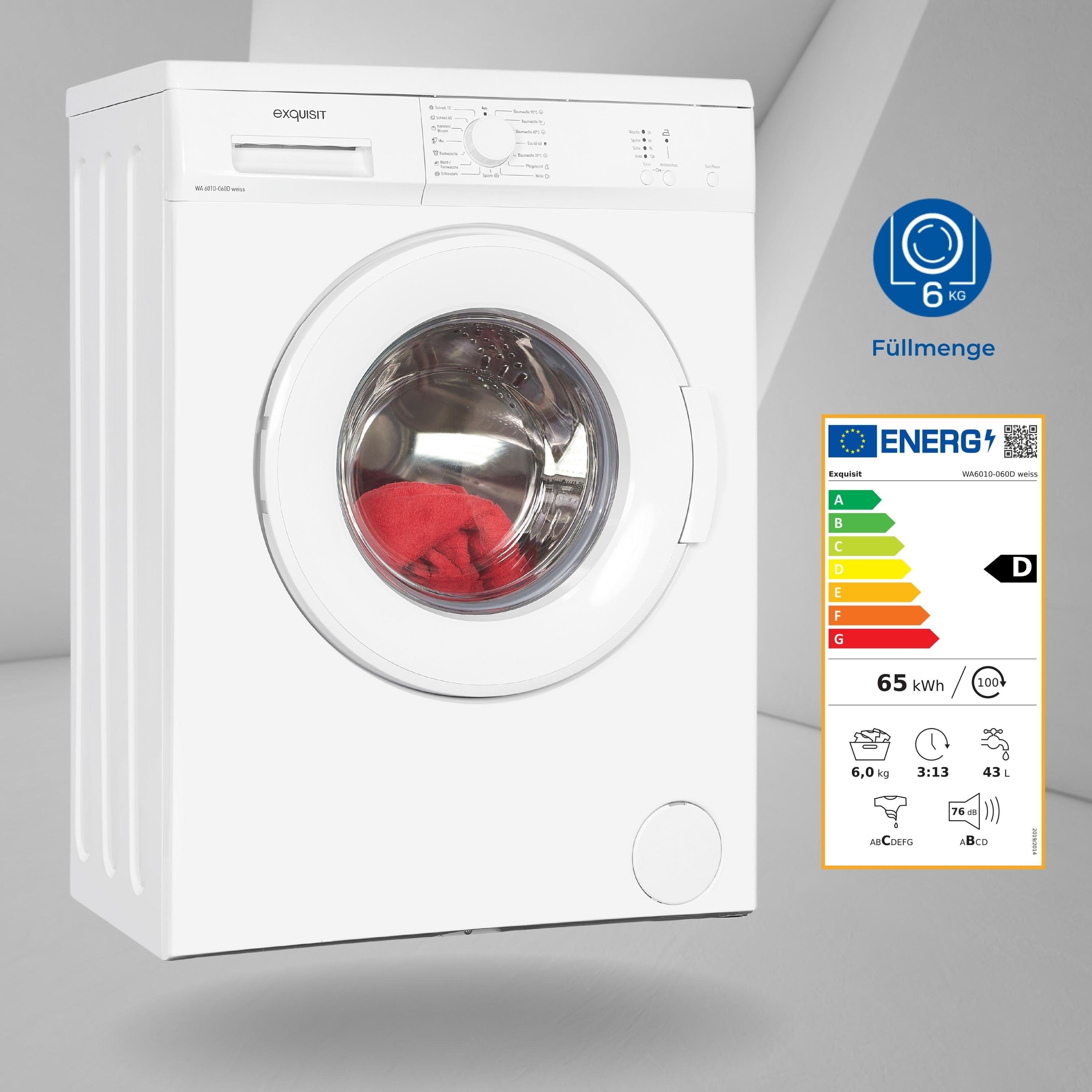exquisit Waschmaschine WA6010-060D, 6,00 kg, 1000 U/min, Kindersicherung, Startzeitverzögerung