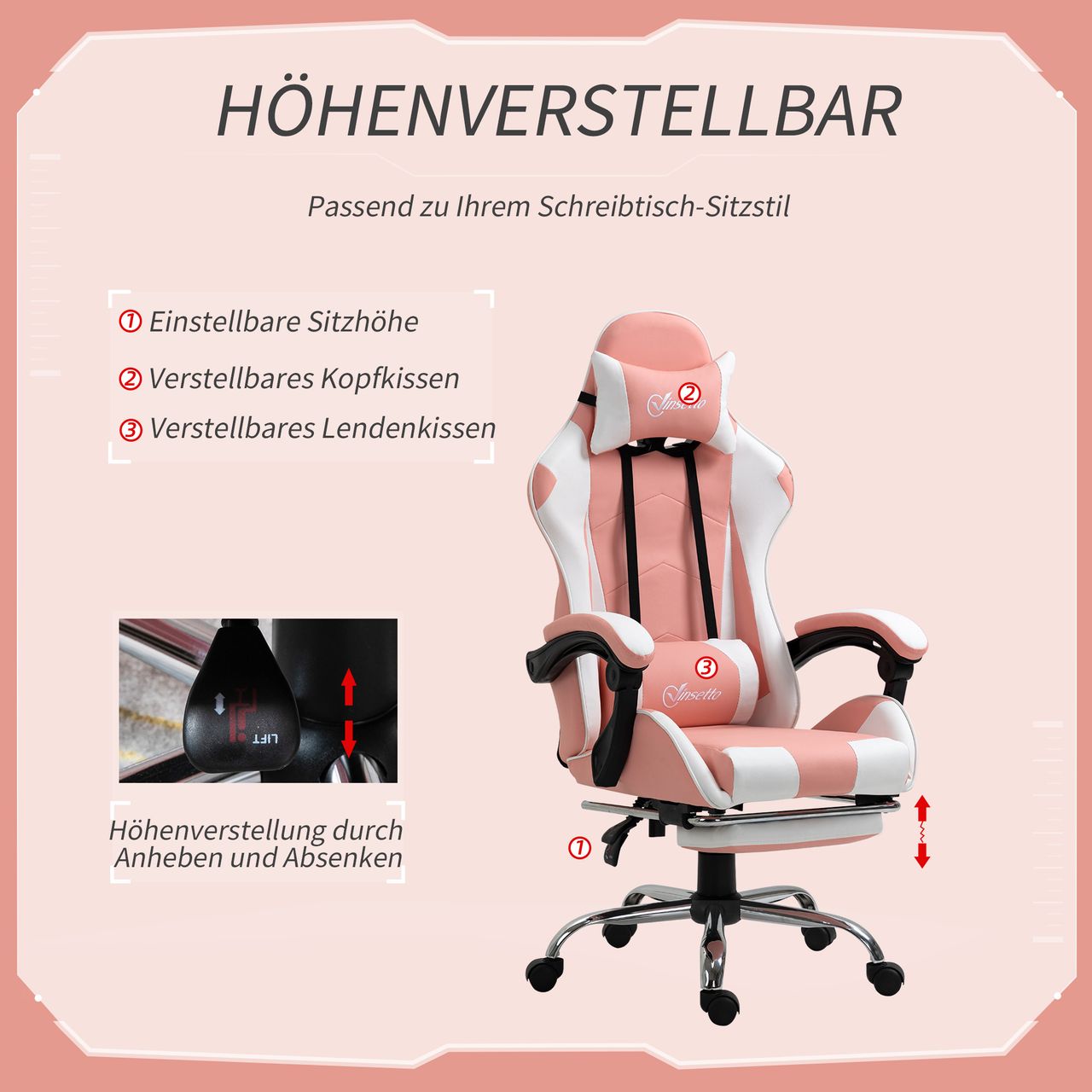 HOMCOM Gamingstuhl Computerstuhl Ergonomischer Bürostuhl Gamer Stuhl mit Kopfstütze Lendenkissen Bürostuhl höhenverstellbar 360°drehbar Schaumstoff Kunstleder PVC Rosa Weiß 64 x 67 x 119-127 cm