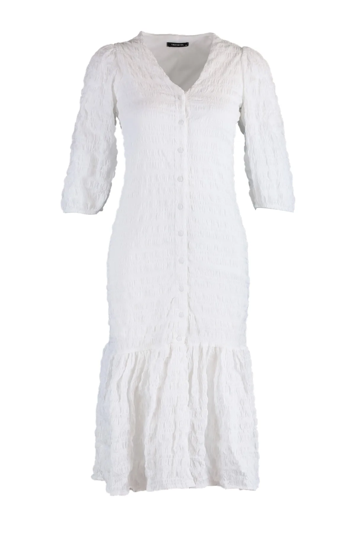 Trendyol Collection  Ecrufarbenes Midi-Hemd aus gewebtem, gefüttertem Stoff, strukturiertes gewebtes Kleid TWOSS21EL1127