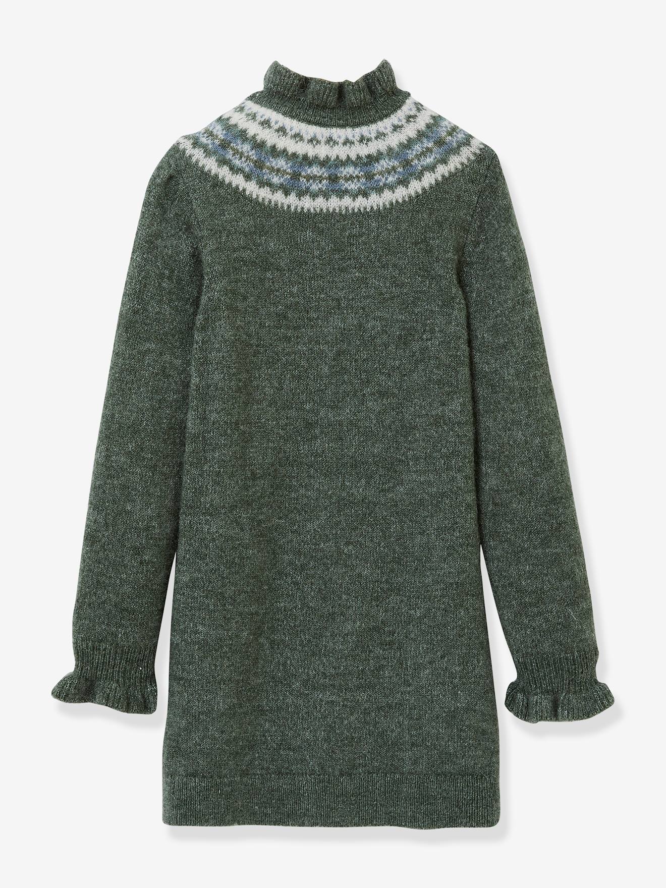 Robe jacquard fille CYRILLUS en tricot vert chiné