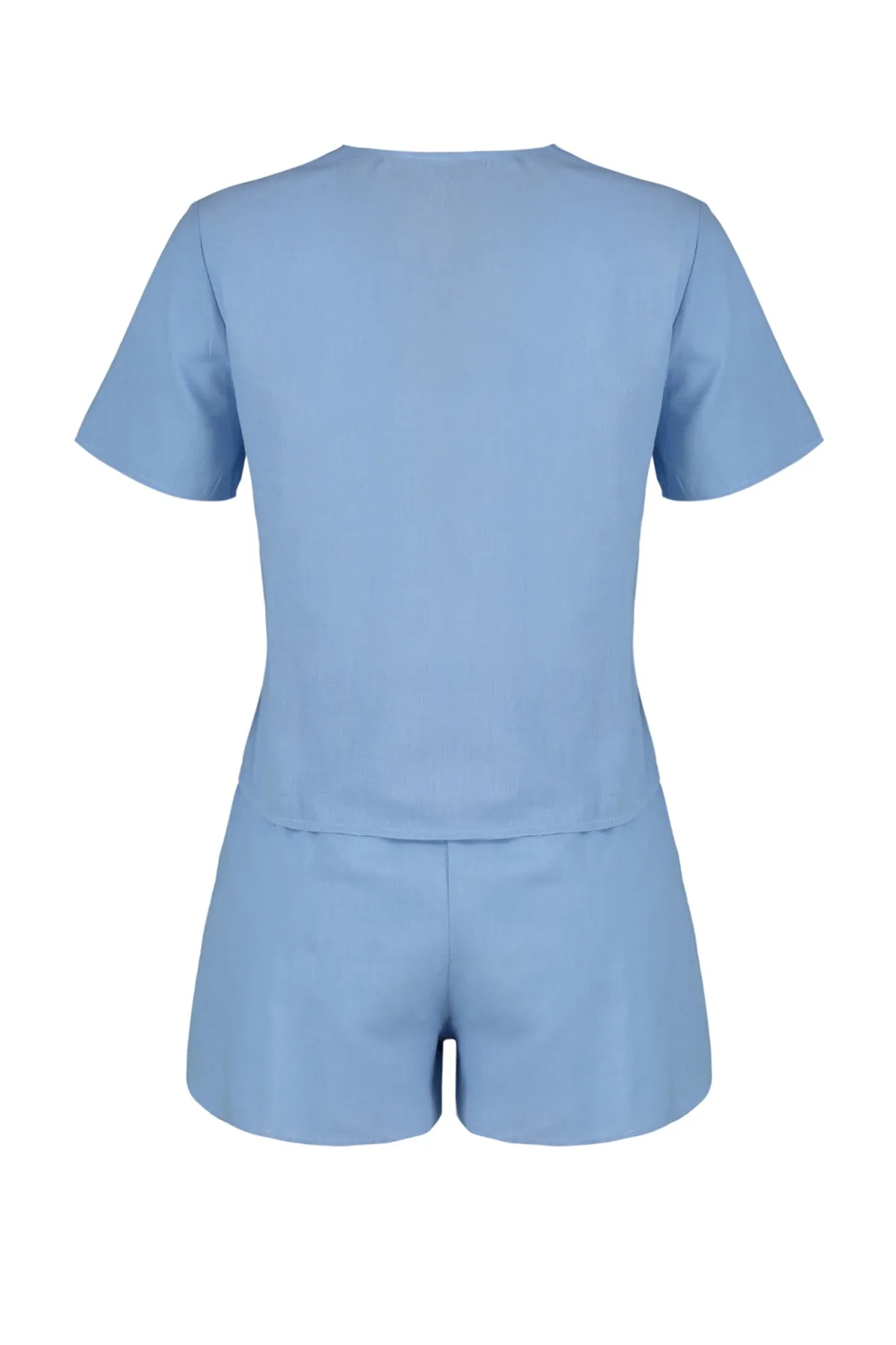Trendyol Collection  Blaues Pyjama-Set aus Viskose mit Hemd und Shorts, 100 % Baumwolle, Kragendetail, THMSS22PT0179