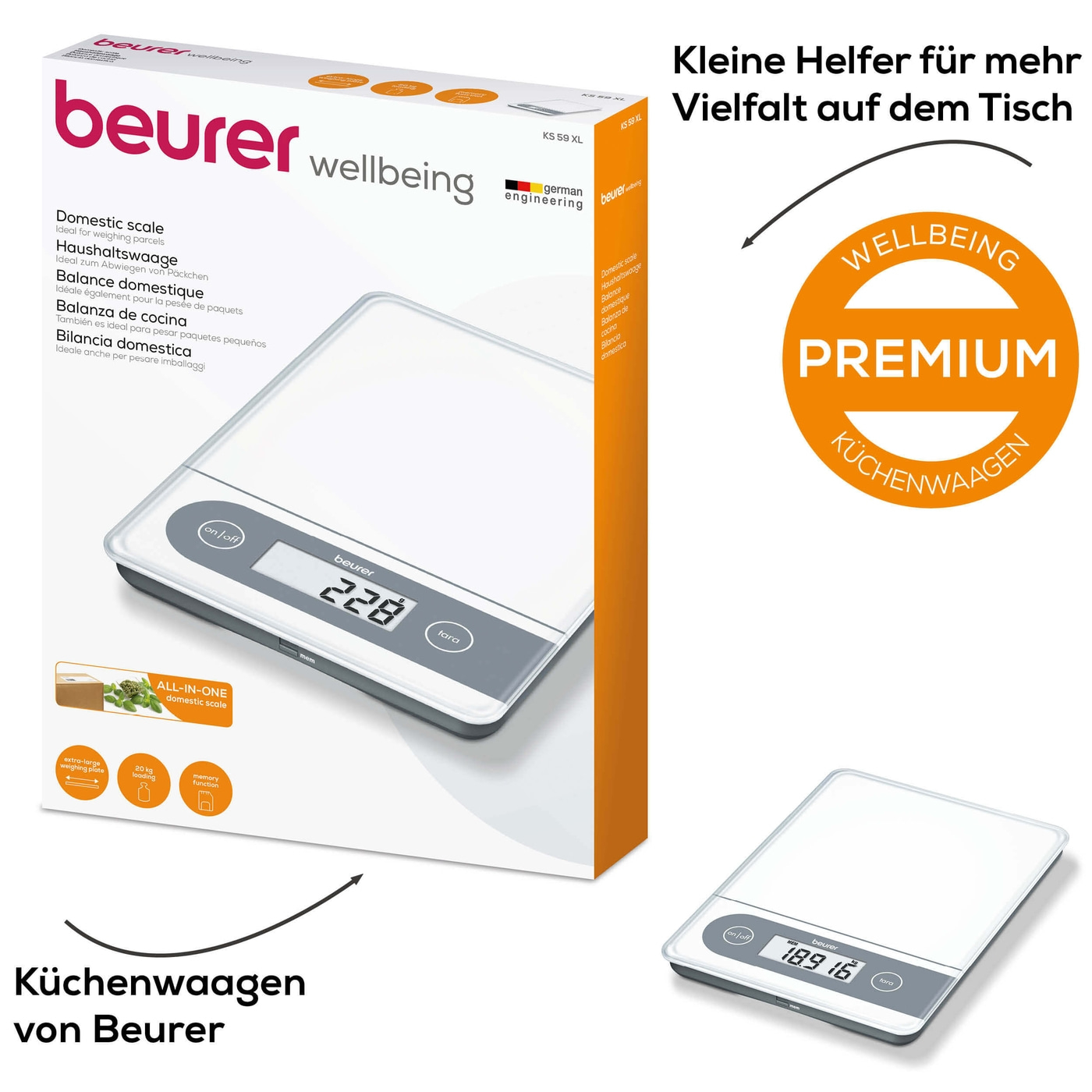 Beurer Haushaltswaage - KS 59 XXL-Große Haushaltswaage mit Glasoberfläche & Memory-Funktion - bis 20 kg