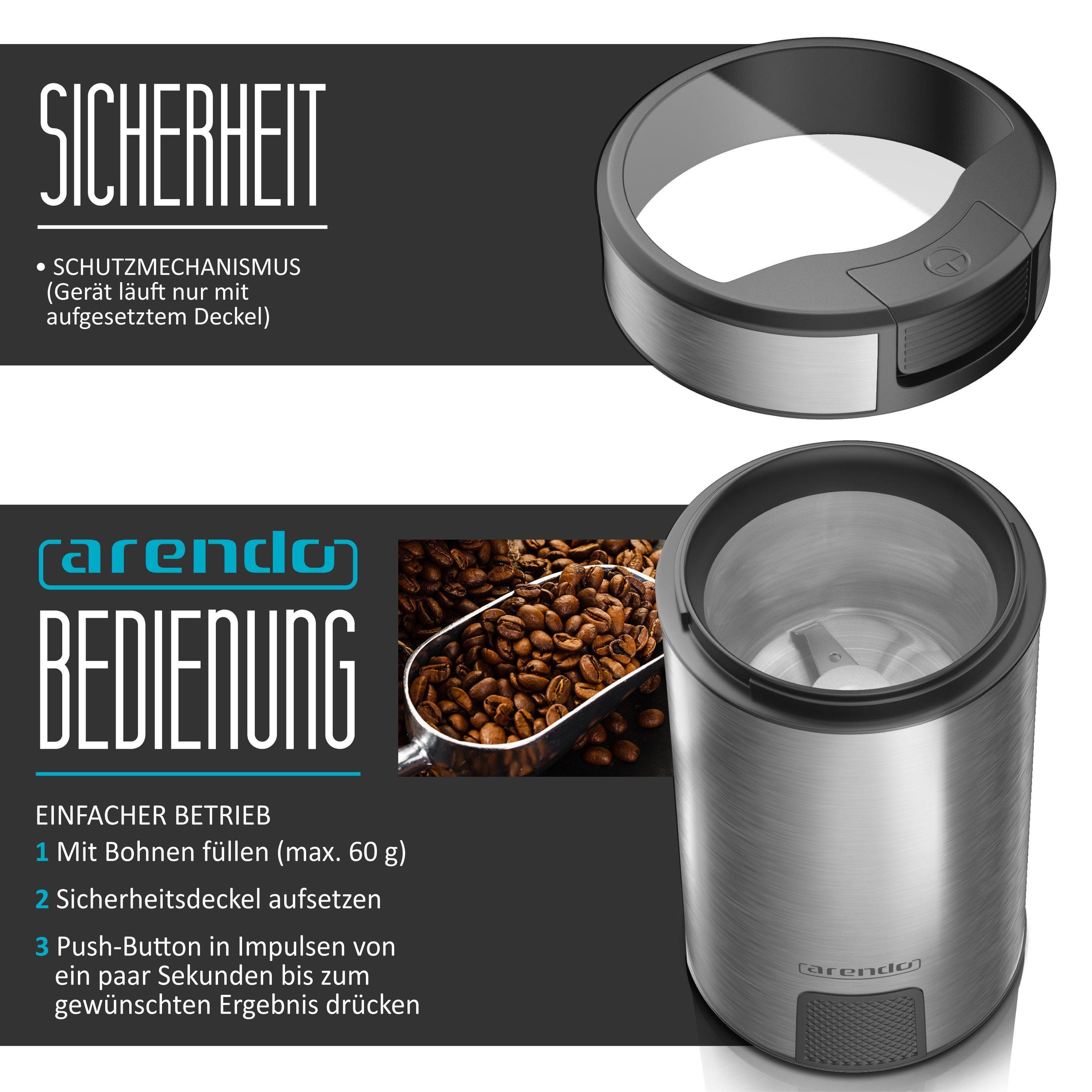 Arendo Kaffeemühle, 200 W, Schlagmesser, 60 g Bohnenbehälter, Kaffeemühle mit Edelstahlmesser MOSA