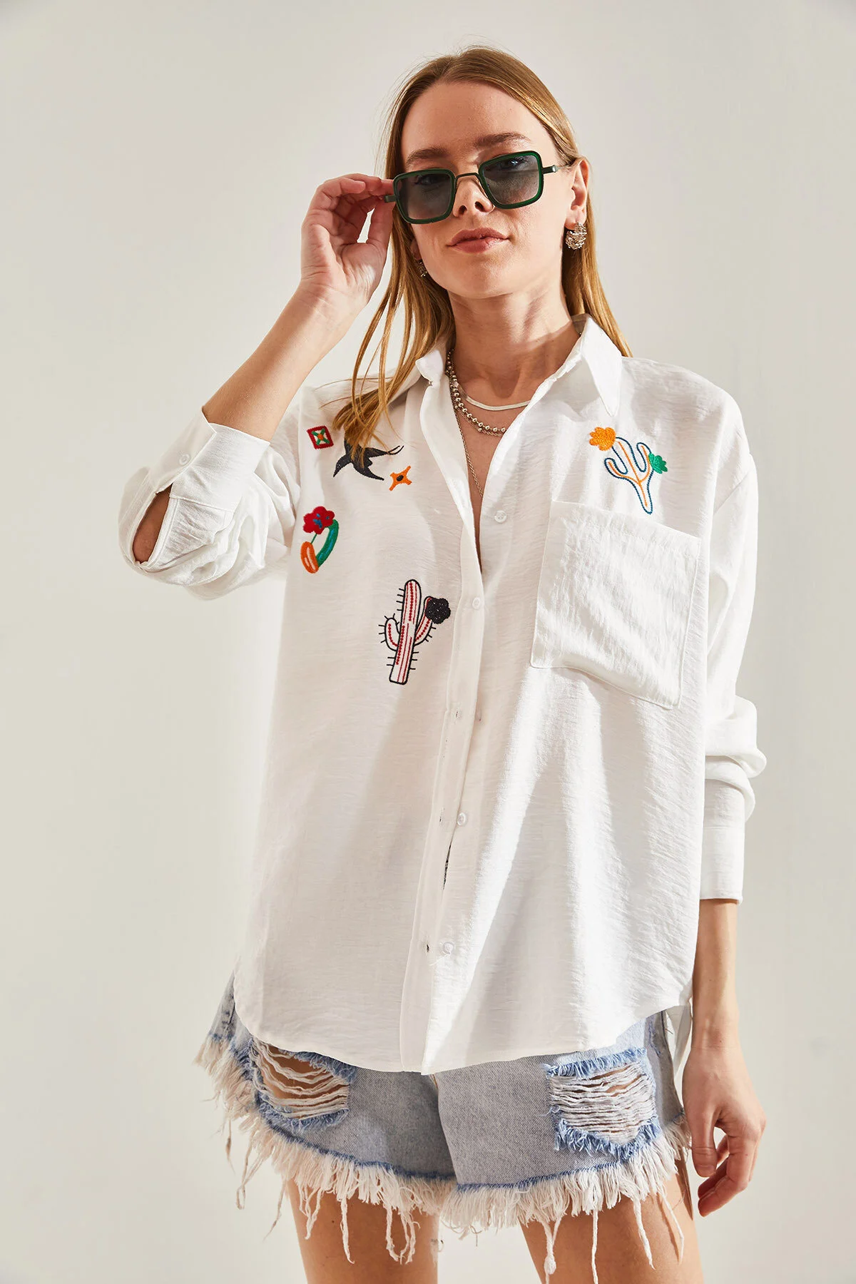Bianco Lucci  Damen besticktes Leinenhemd