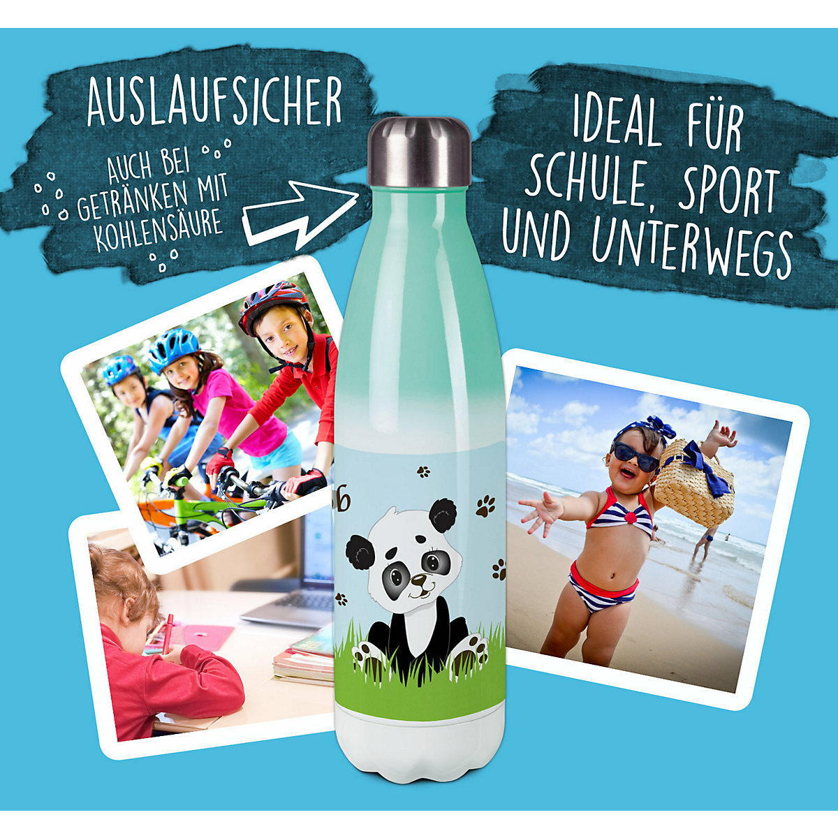 Edelstahl Kinder Thermoflasche / Trinkflasche bunt Panda Bär Spülmaschinenfest, Auslaufsicher, Bruchfest, Doppelwandig, Für Heißgetränke geeignet, Mit Deckel, Isoliert