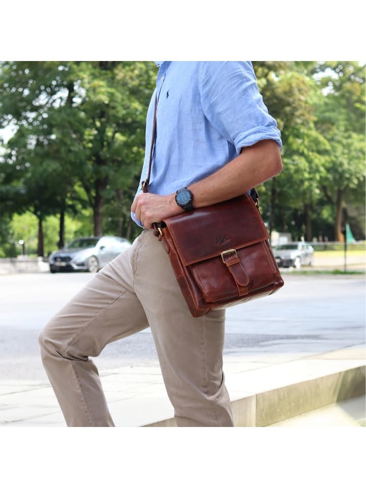 SID & VAIN Leder-Umhängetasche echt Leder Ledertasche groß | Ledertasche cognac NICO in braun günstig kaufen onesize