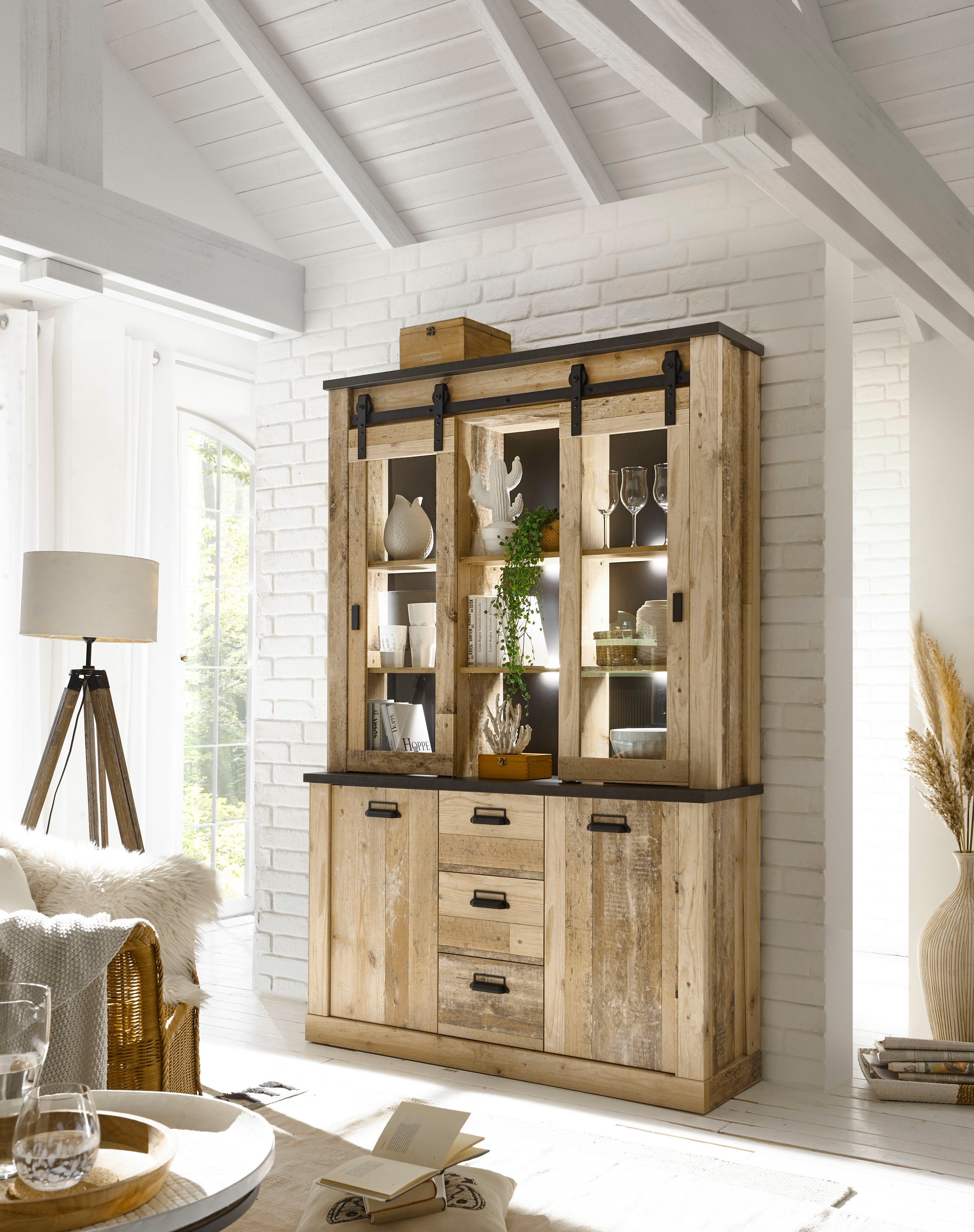 Home affaire Buffet SHERWOOD Holz Dekor, mit Scheunentorbeschlag und Apothekergriffen, Breite 133cm