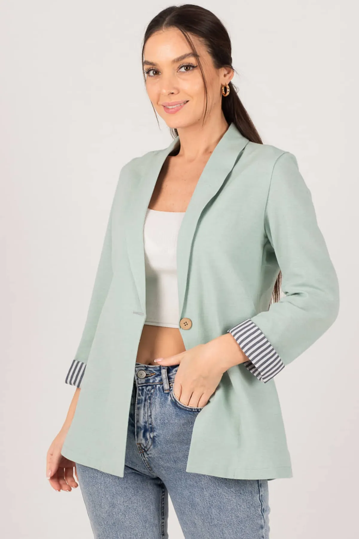 armonika  Gestreifte Jacke mit einem Knopf für Damen in Mintgrün, ARM-22K001122