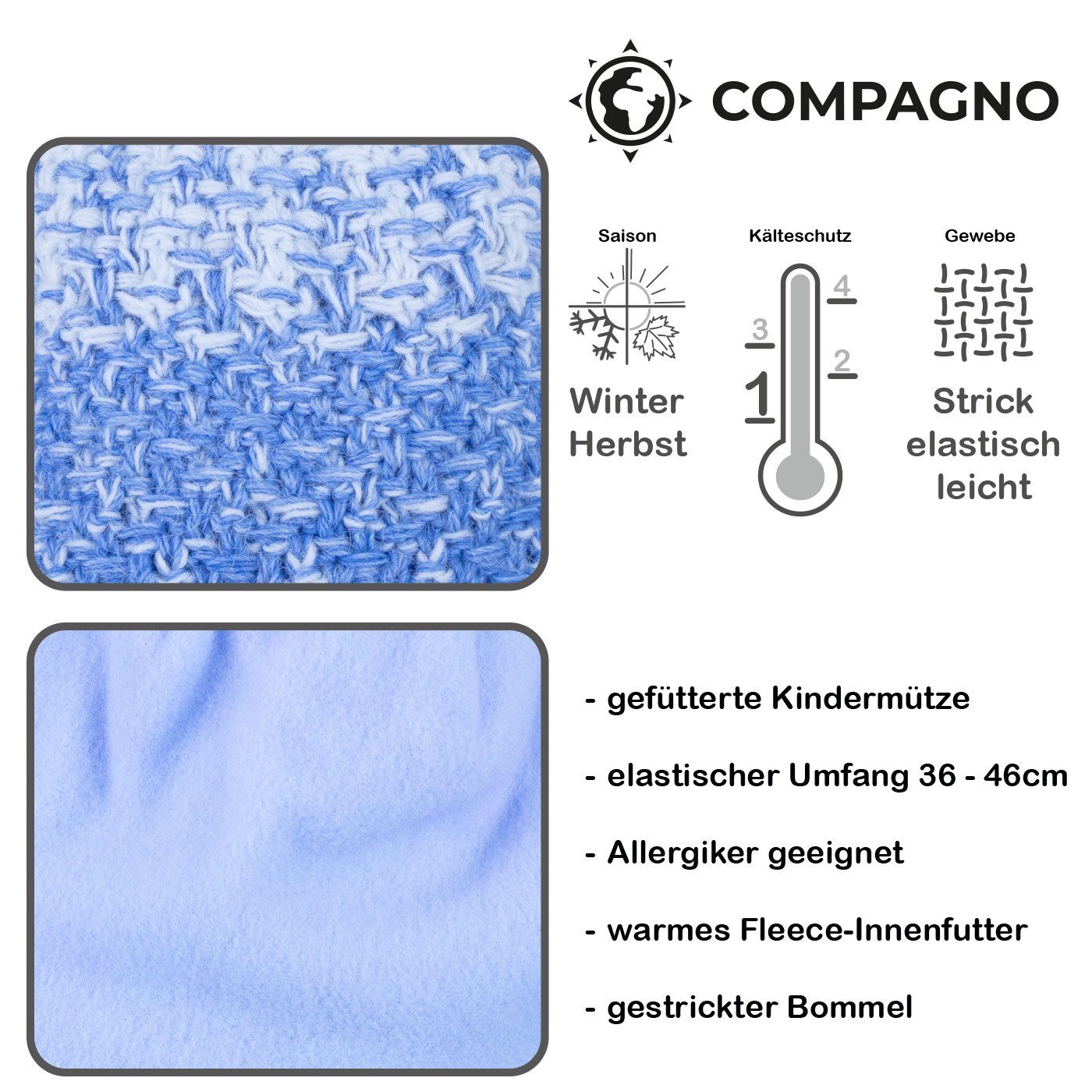 compagno Bommelmütze (1-St) Kindermütze Bommelmütze Wintermütze Beanie Strickmütze Jungen Mädchen