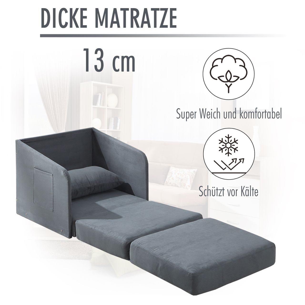 HOMCOM Schlafsofa Sofabett Einzelsofa Waschbarer Bezug 2 Seitentaschen Metall