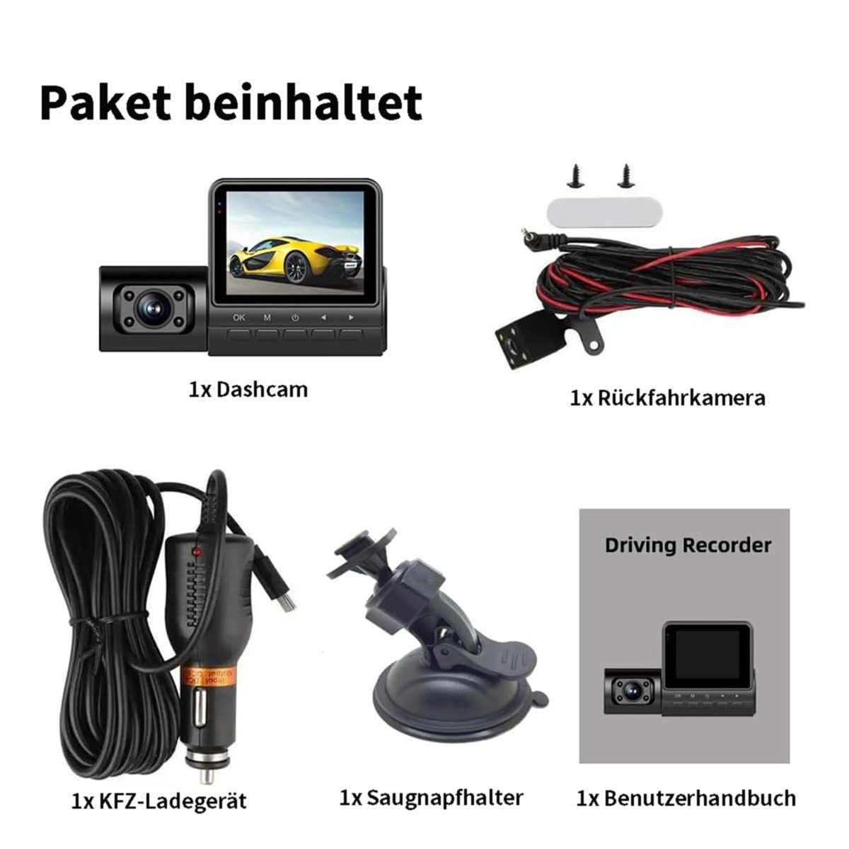 Yoyaxi Dreilinsen-Fahrtenschreiber für Front- und Rückdeckung Dashcam (Infrarot-Nachtsicht, Bewegungserkennung, Schleifen-Aufnahme)