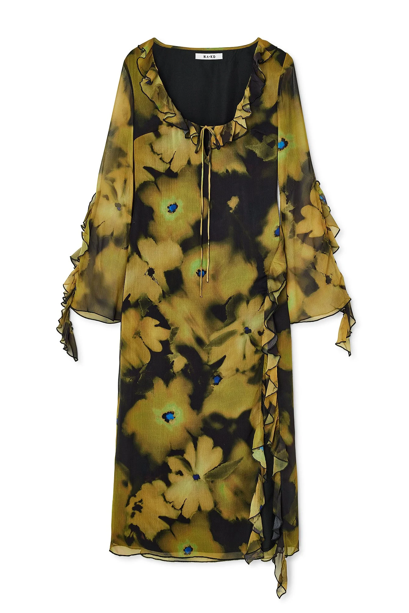 Maxikleid mit hohem Schlitz und Rüschen