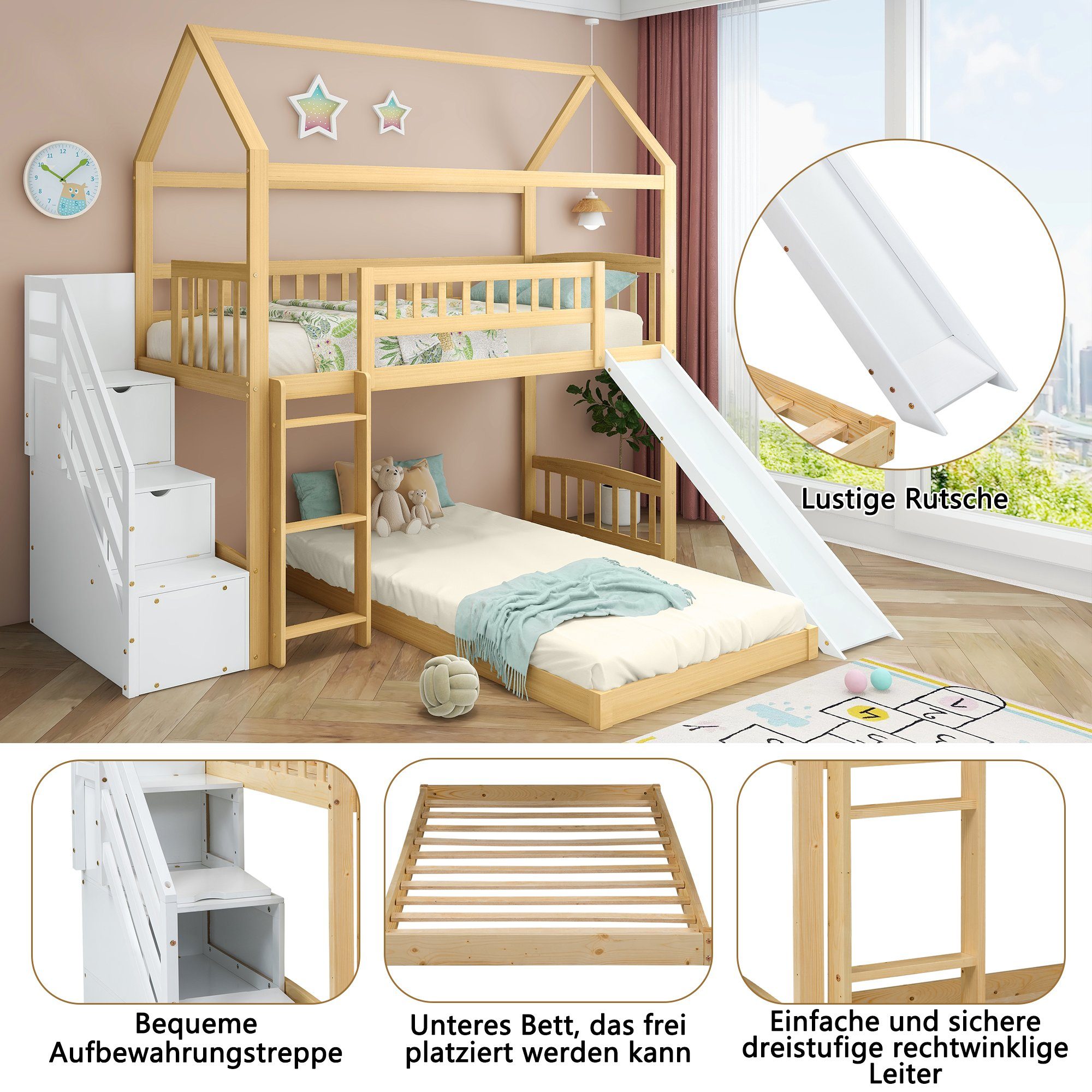 Gotagee Kinderbett Hausbett Kinderbett Etagenbett mit Treppe+Stauraum+Rutsche 90x200cm, Natur+Weiß