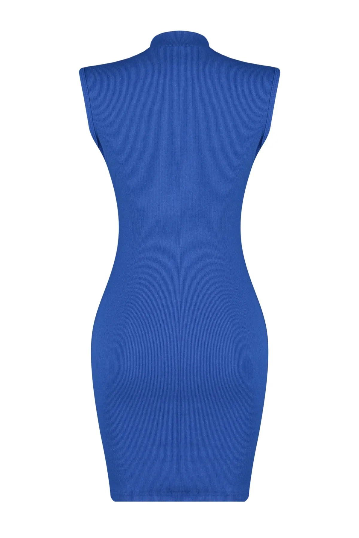 Trendyol Collection  Blaues tailliertes Mini-Bleistiftkleid aus geripptem Strick mit Rundhalsausschnitt TWOSS22EL2819