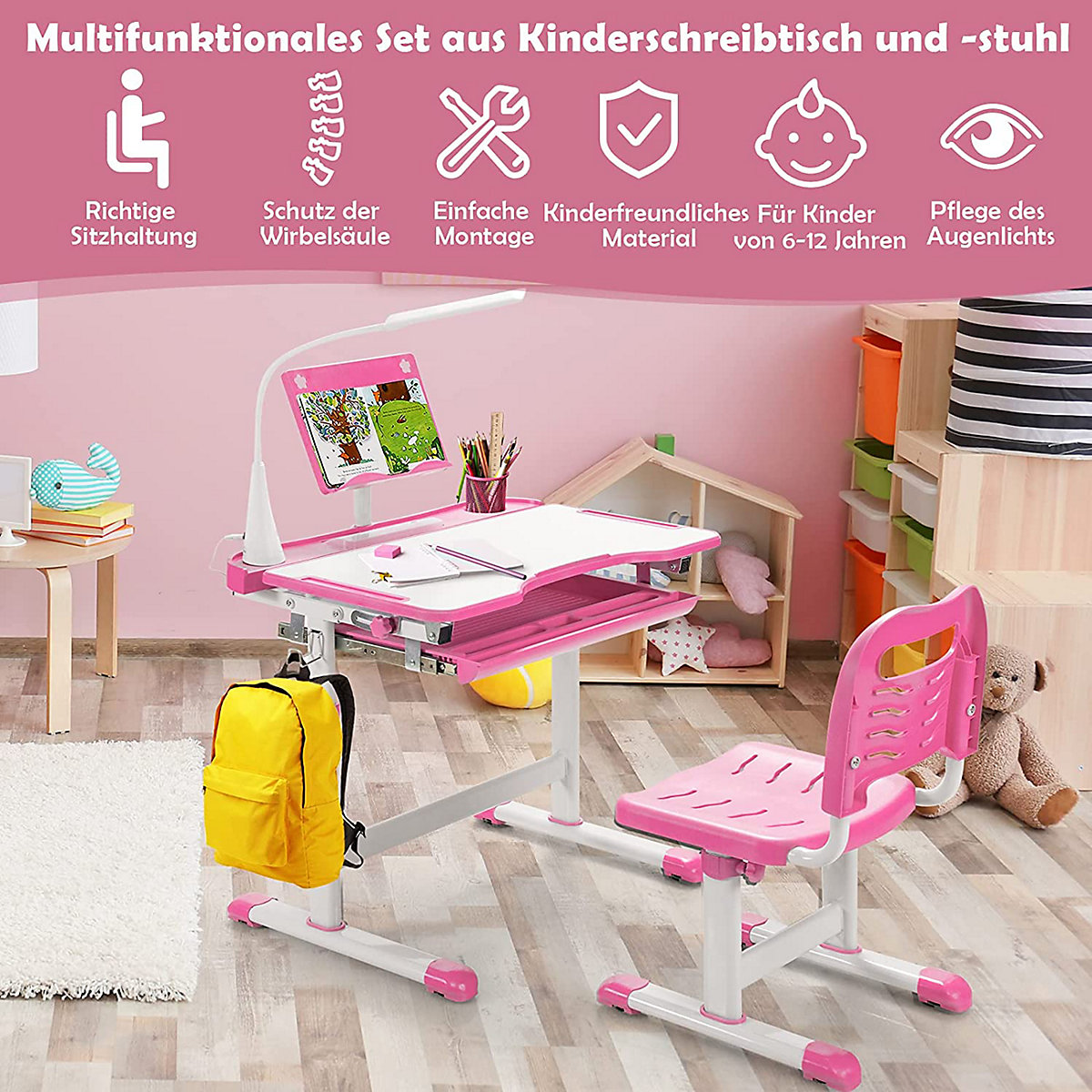 Kinderschreibtisch mit Licht & Bücherständer höhenverstellbar