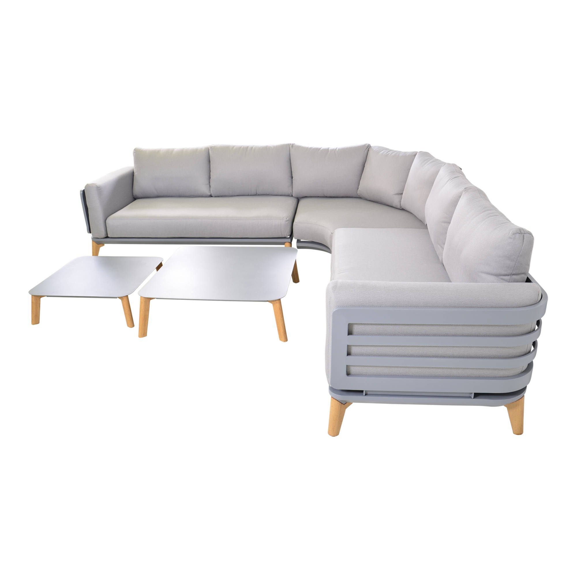 GMD Living Eckbankgruppe SPHERE, (Eckbank Loungeset, 5-tlg., bestehend aus 2 Sofas, 1 Eckteil & 2 Tischen inkl. Sitzpolster), rostfreies Aluminiumgestell in mattgrau