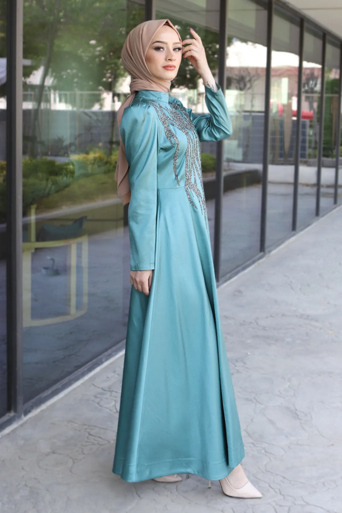 Tesettür Dünyası  Abendkleid mit Pailletten auf der Vorderseite, Tsd220544, Mintgrün