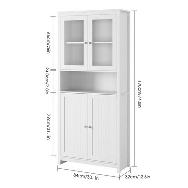 Homfa Hochschrank 190cm Vitrinenschrank, Bücherschrank mit 4 Türen, Buffet, Weiß