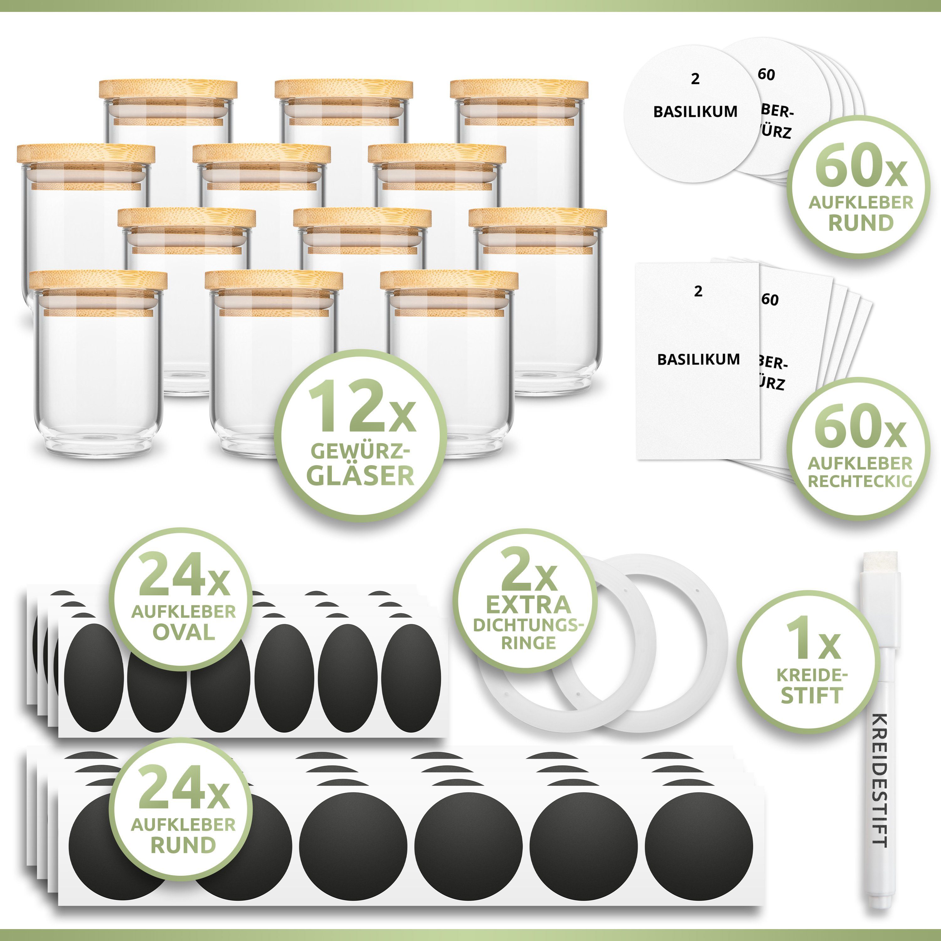 PORADA Gewürzbehälter Set 150ml stapelbare Gewürzgläser Glasbehälter Bambus Deckel, (Set, 12-tlg., Set), Handarbeit, platzsparend, stapelbar, Bambusdeckel