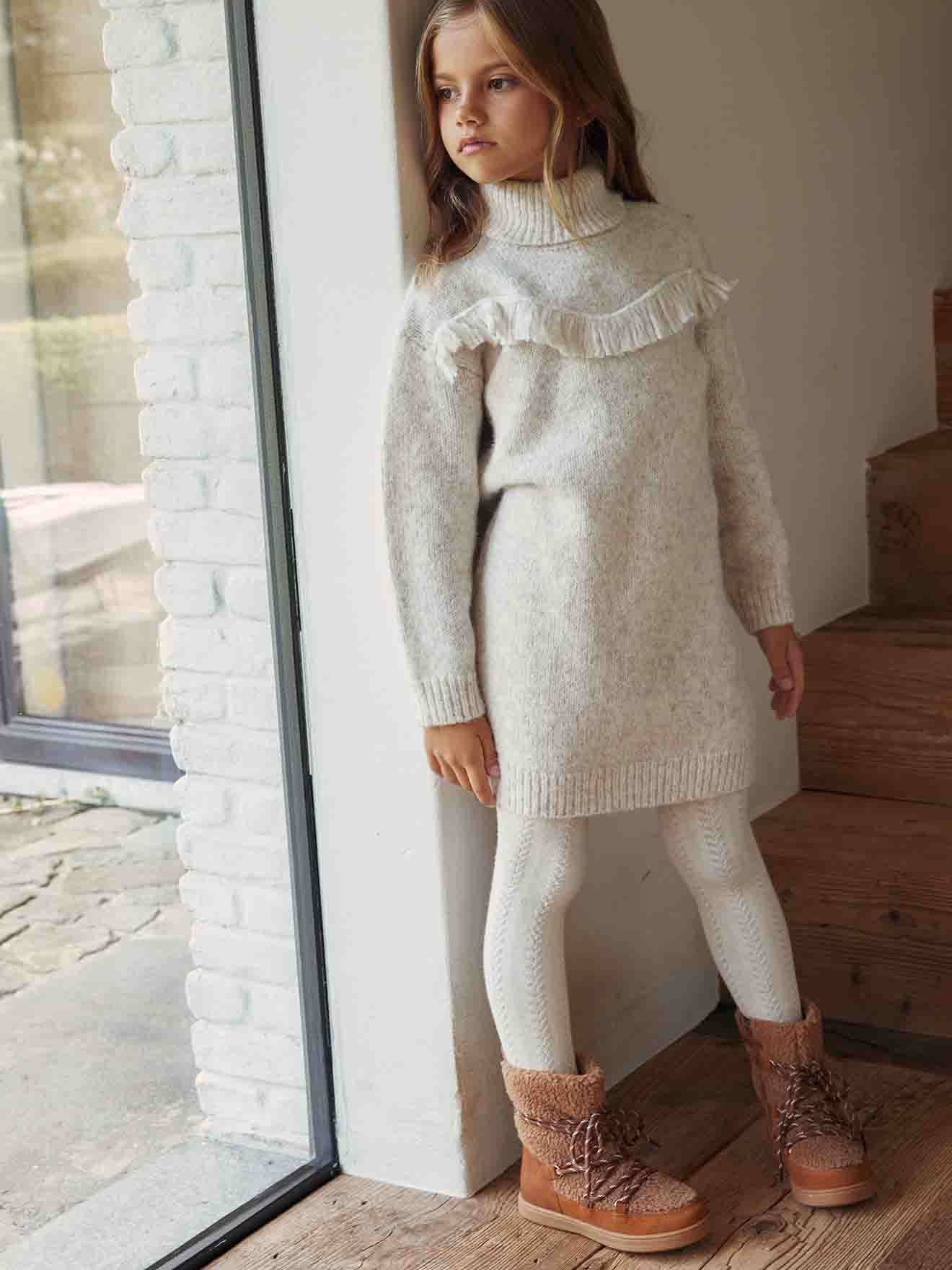 Vertbaudet Mädchen Strickkleid mit Fransen - beige meliert