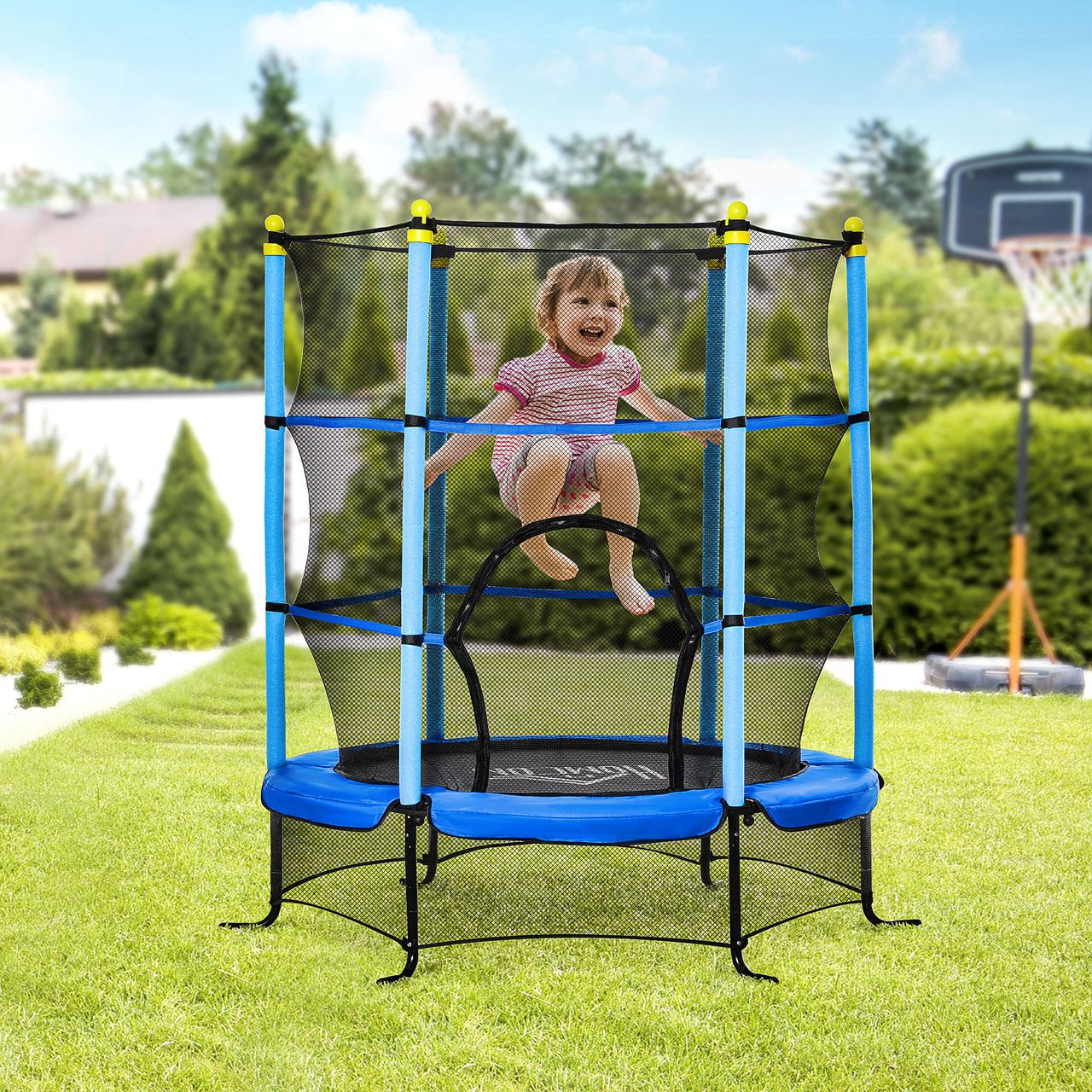 HOMCOM Trampolin Ø163 cm Gartentrampolin Mini-Trampoline für Kinder mit Sicherheitsnetz Randabdeckung Kleinkind-Trampolin für drinnen und draußen springen Gummiseil gepolstert Stahl Blau bis 45 kg