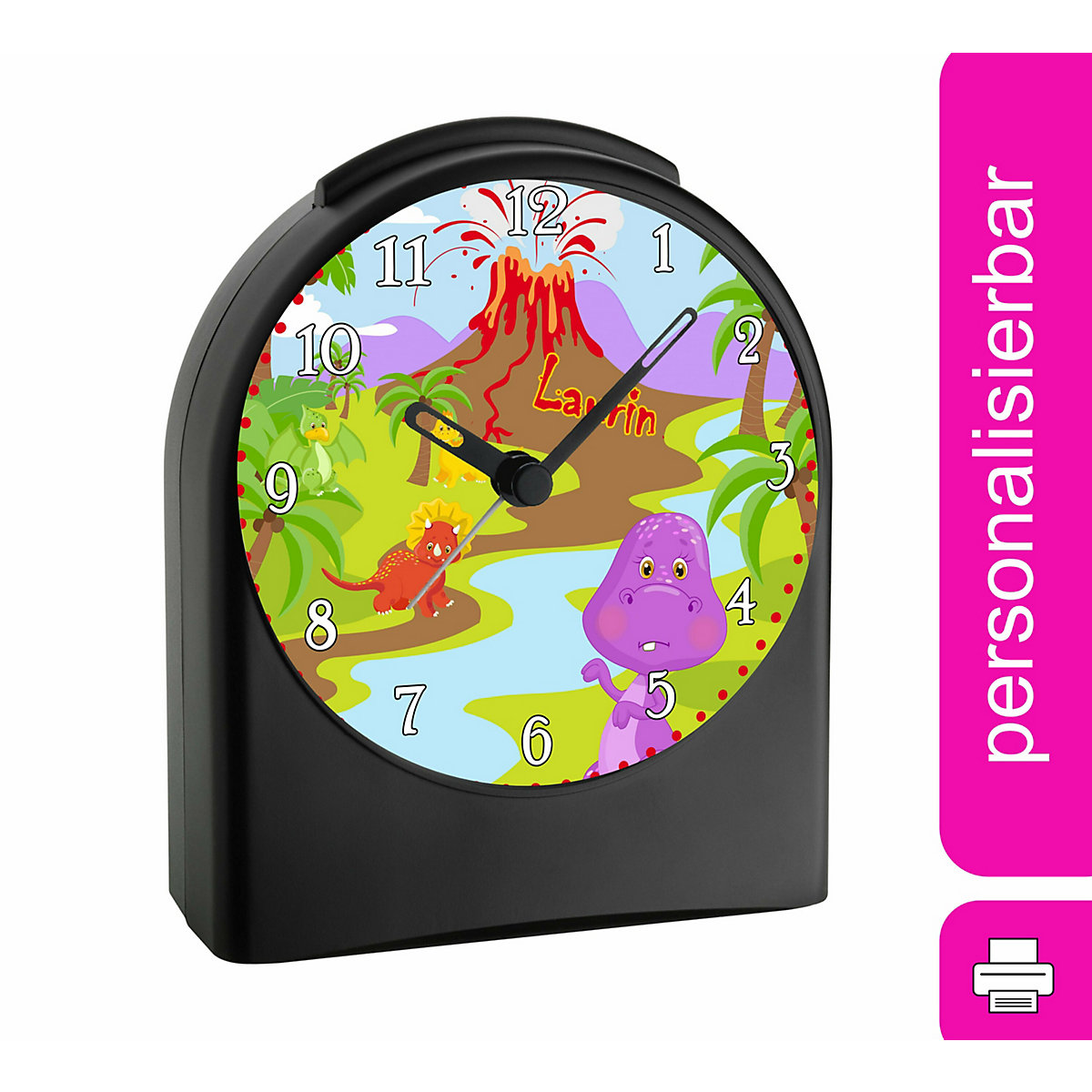 Kinder Funkwecker personalisiert mit Namen Dino Atom-/Funkuhr, 12-Stunden-Anzeigeformat, Schlummerfunktion, Nachtlicht, Geräuschlos/Ohne Ticken