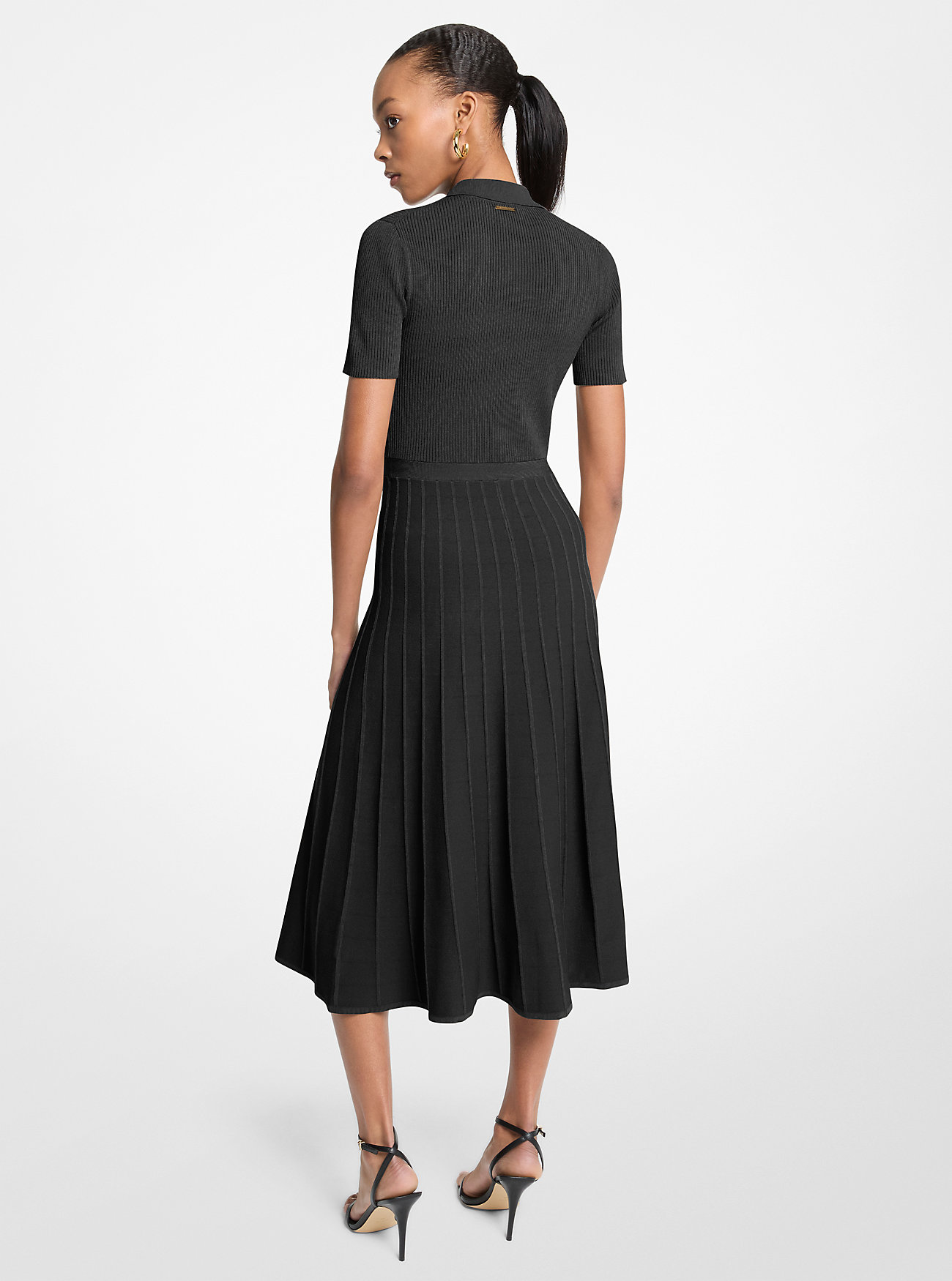 Ribbed Stretch Knit Polo Midi Dress - BLACK