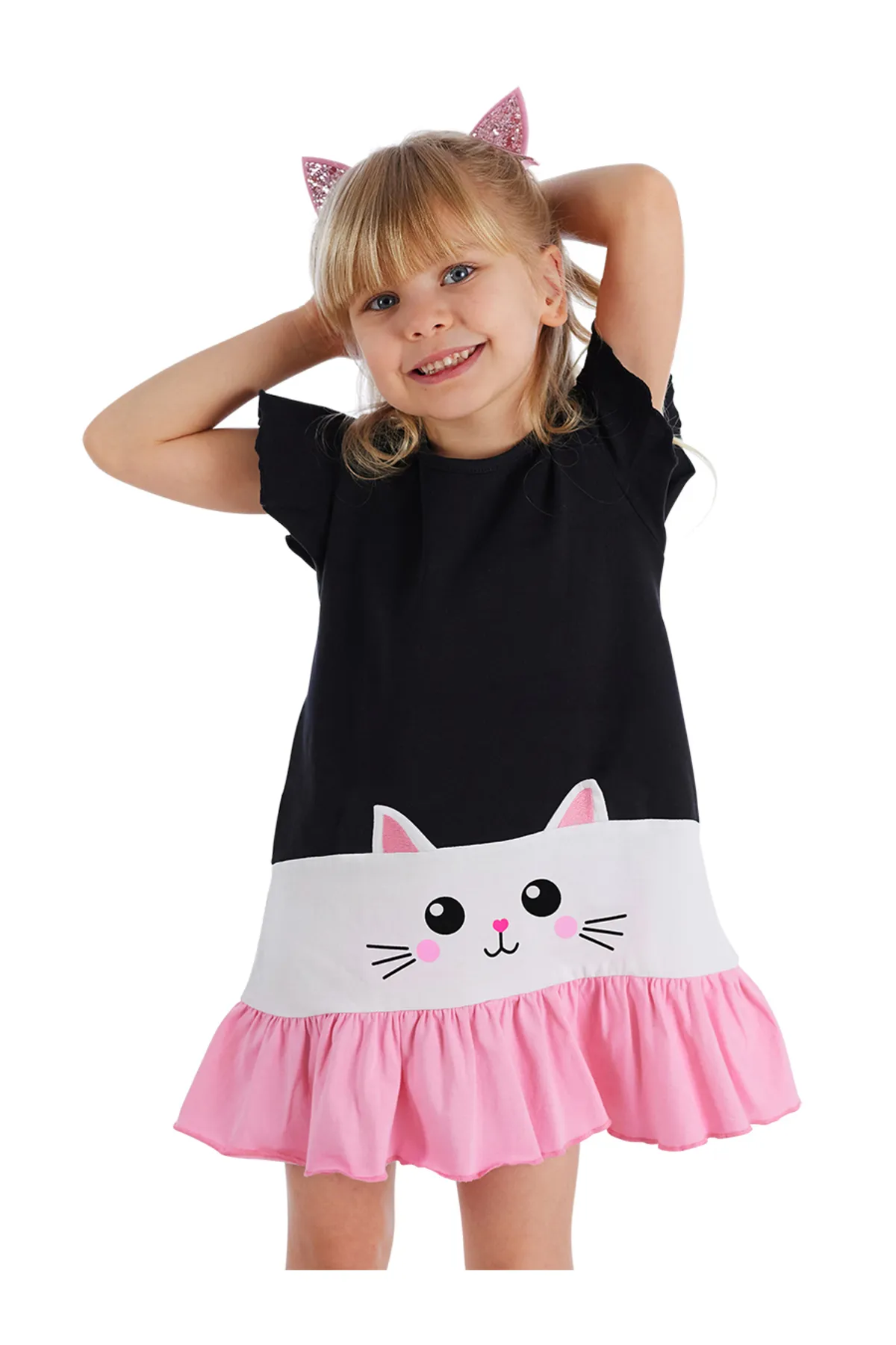 Denokids  Weißes Mädchenkleid mit Katzenrüschen
