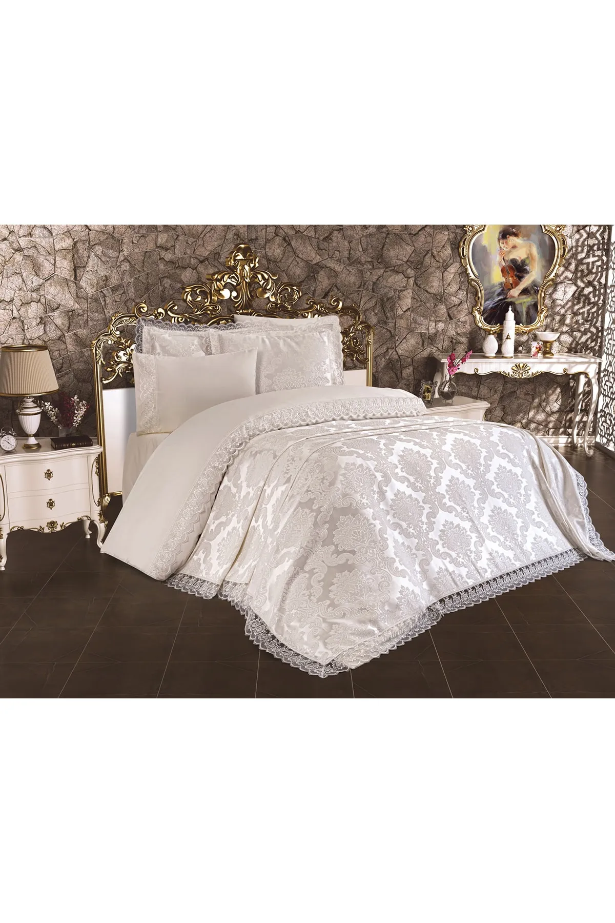 Çeyiz Diyarı  Französische Spitze Lalezar Brautset 7-teilig Creme 240x250 cm