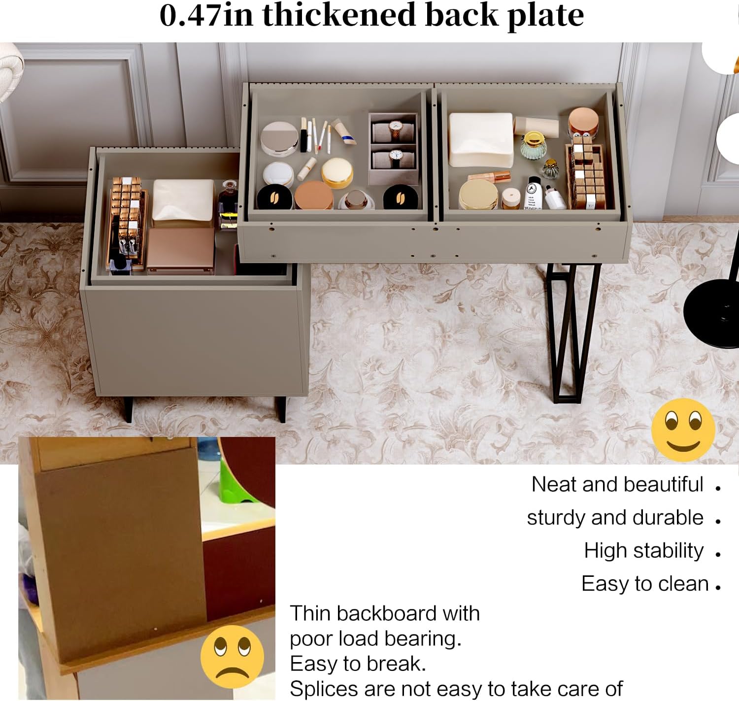 leejdn Dresser with 3 Color Touch Screen Dimming Mirror, Modern Makeup Dresser with Adjustable Cabinets and 4 Sliding Drawers, Powder Room, Bedroom Dresser Set