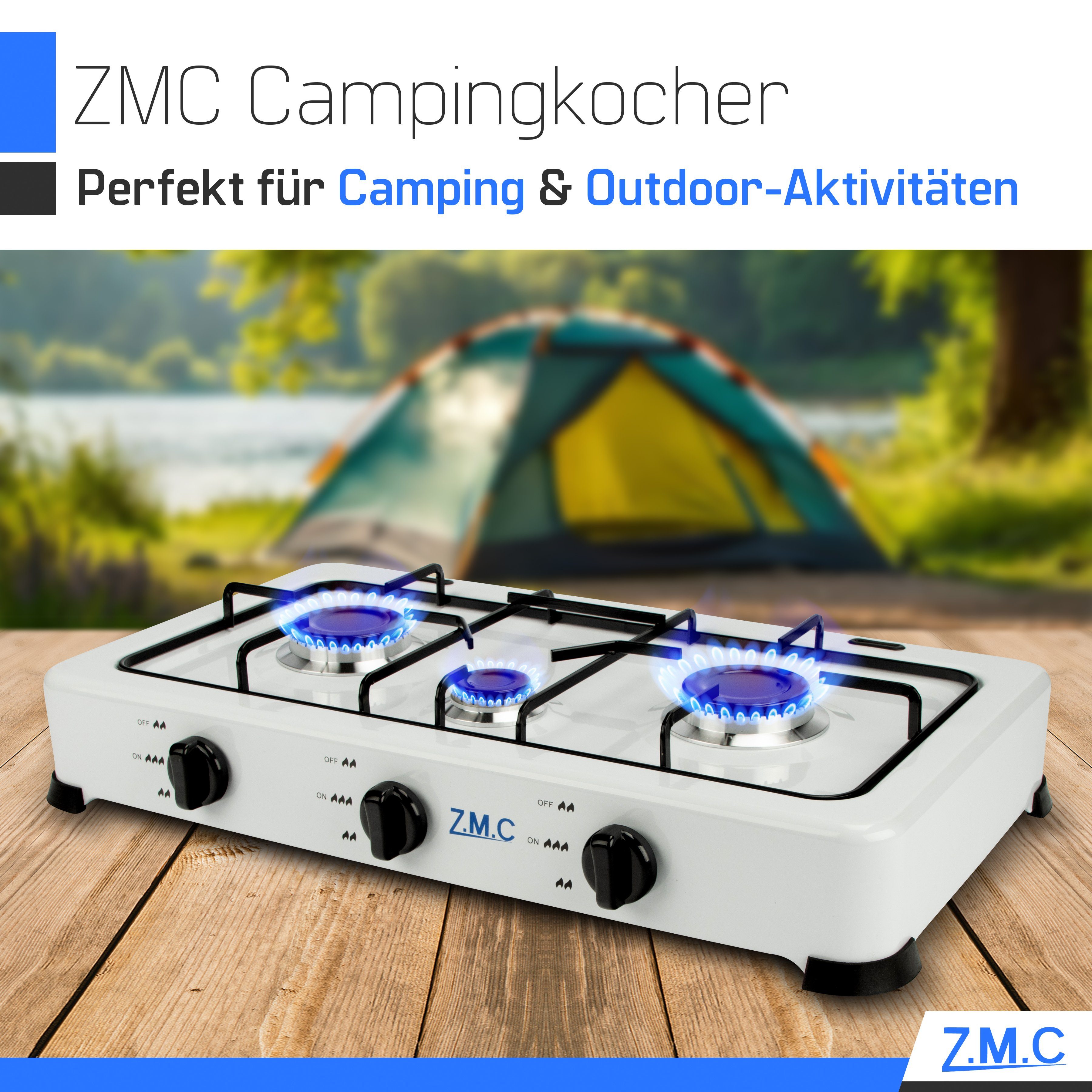 ZMC Gaskocher Tragbarer Gaskocher Campingkocher 3-flammig inkl. Schlauch und Regler, 5,4 kW 50 mBar Outdoor Gasherd Kochfeld Herd Propangas Tischkocher