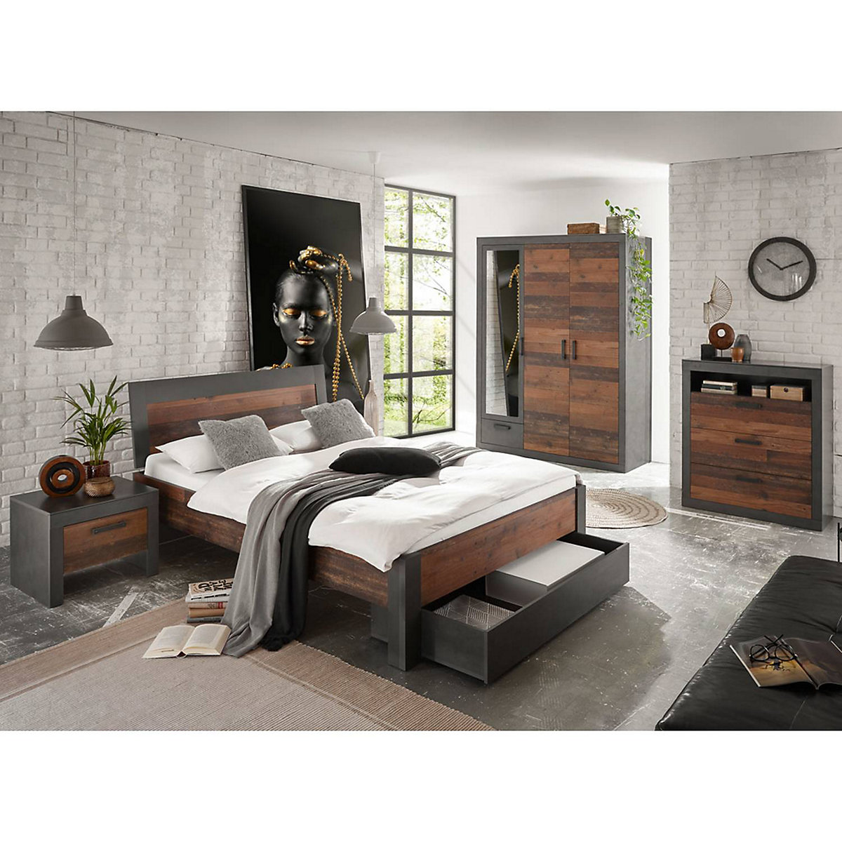 Schlafzimmer Komplett Set BERLIN-S-61 im Industrial Look, Matera anthrazit/grau mit Old Mix Dekor